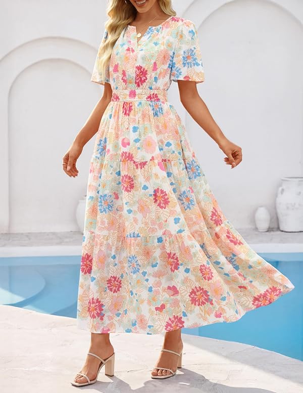 MEROKEETY Women's Summer Casual Floral Boho Maxi Dresses, White, S by MEROKEETY - Image 2