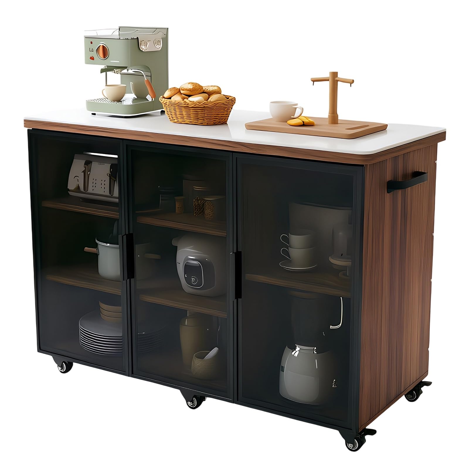 Zf9tBw5sH Unità cucina ad isola Isola cucina con ruote ante, ripiani portaoggetti, serratura e piano di lavoro