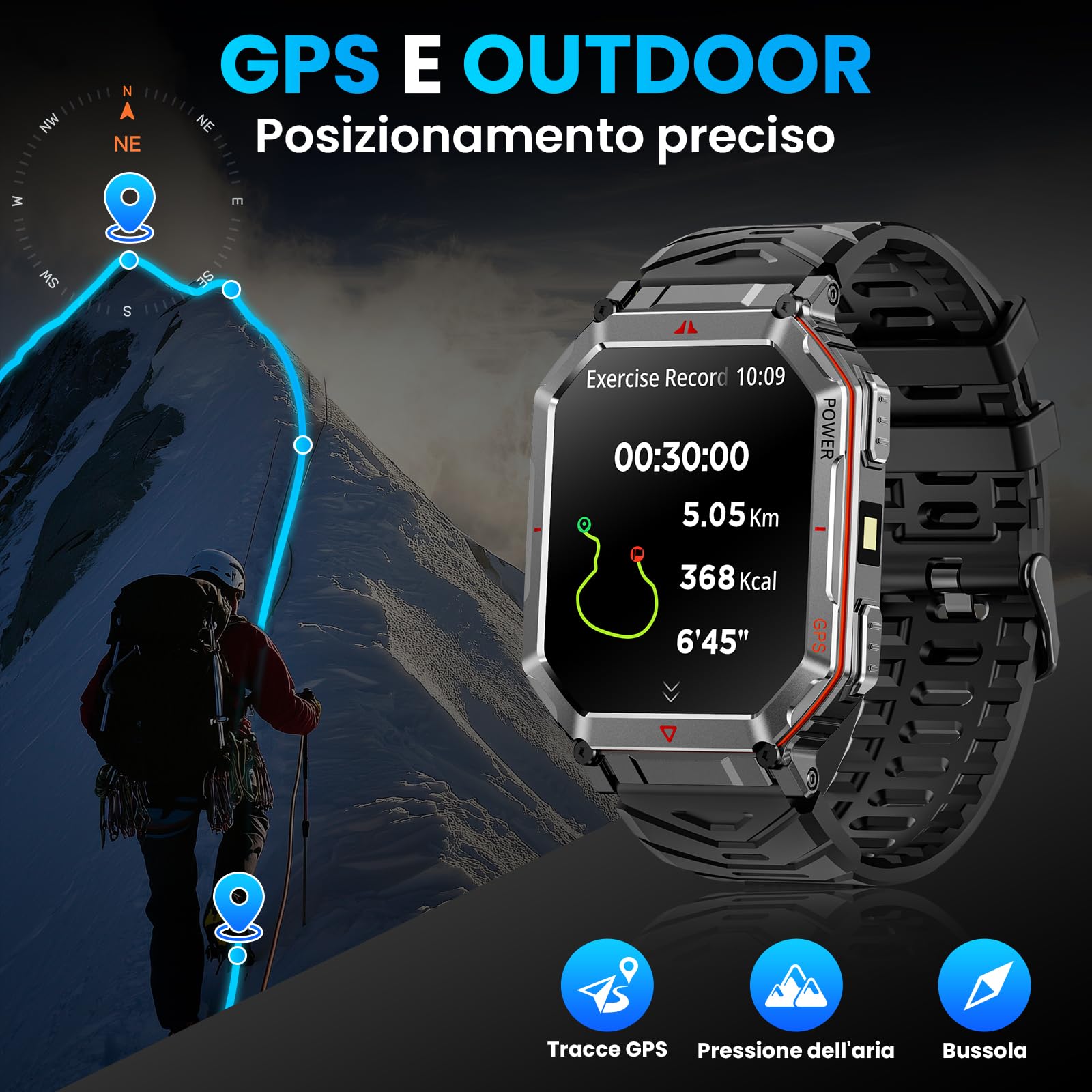 Orologio intelligente militare per uomini con GPS/bussola, assistente vocale GPT, display HD 2.01", chiamate Bluetooth, tracker fitness con modalità, compatibile con Android e iOS (Nero)