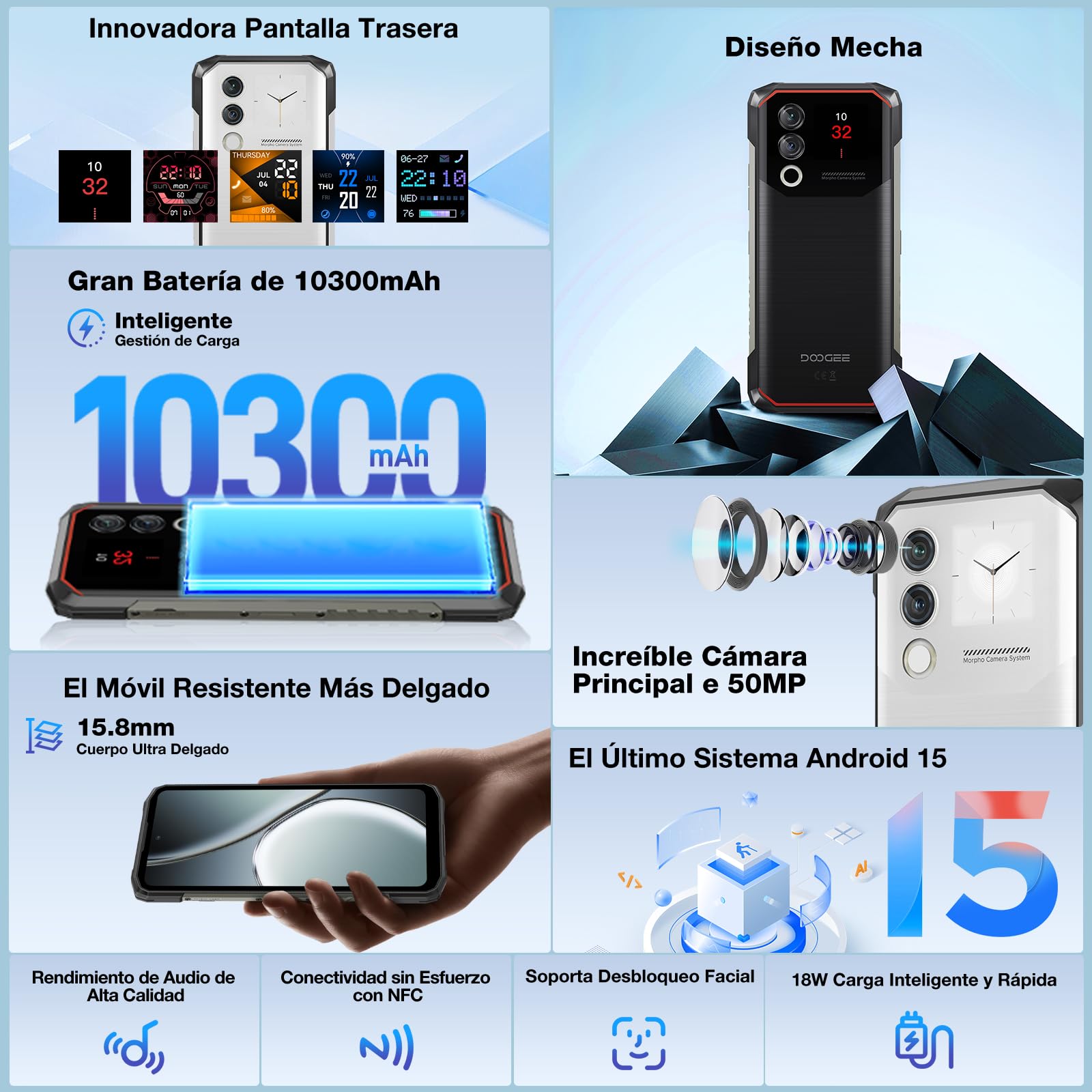BLADE10MAX Movil Irrompible,32GB+256GB/2TB Movil Resistente Android 15,10300mAh Móvil Rugerizado,Pantalla Trasera multifunción de 1,54’’ con Pantalla de 6,56’’ Moviles,50MP+8MP, NFC,Face