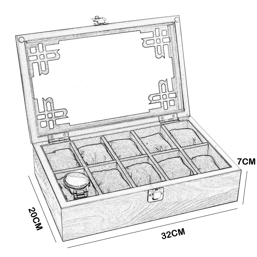 10 Caja de reloj de cuadrícula Caja de almacenamiento de exhibición de joyería Caja de almacenamiento Organizadores de pulsera con fundas de almohadas extraíbles y tapa de vidrio para hombres, mujeres