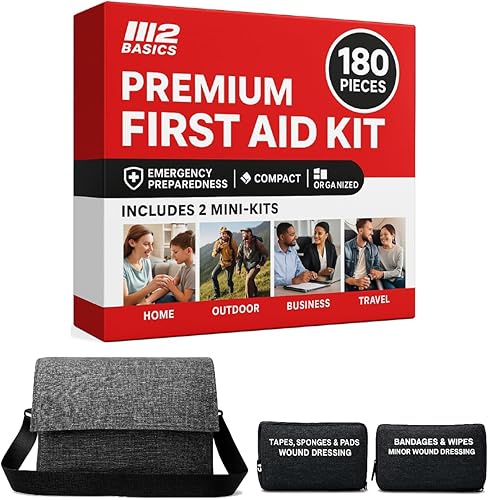 M2 BASICS Kit de primeros auxilios premium (incluye 2 mini kits + bolsa elegante) Gris ejecutivo Kit de primeros auxilios para automóvil, artículos