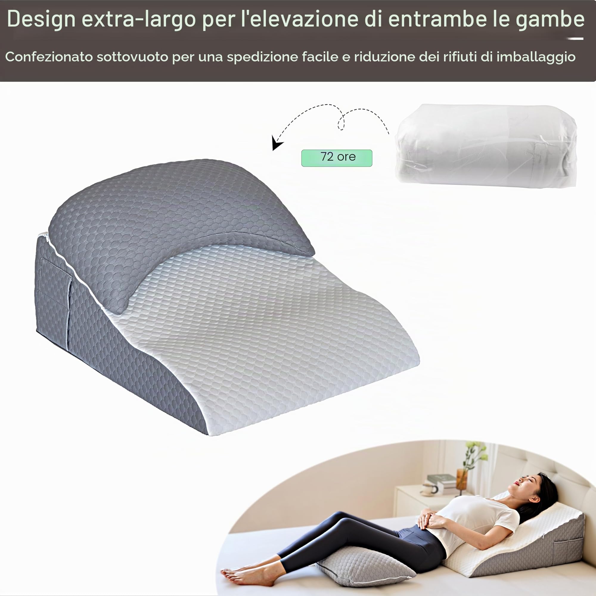 Cuscino ortopedico a cuneo con cuscino a mezzaluna rimovibile, supporto per dormire, seduti, reflusso acido e recupero post-operatorio, cuscino regolabile per collo, schiena e gomiti, bianco e grigio