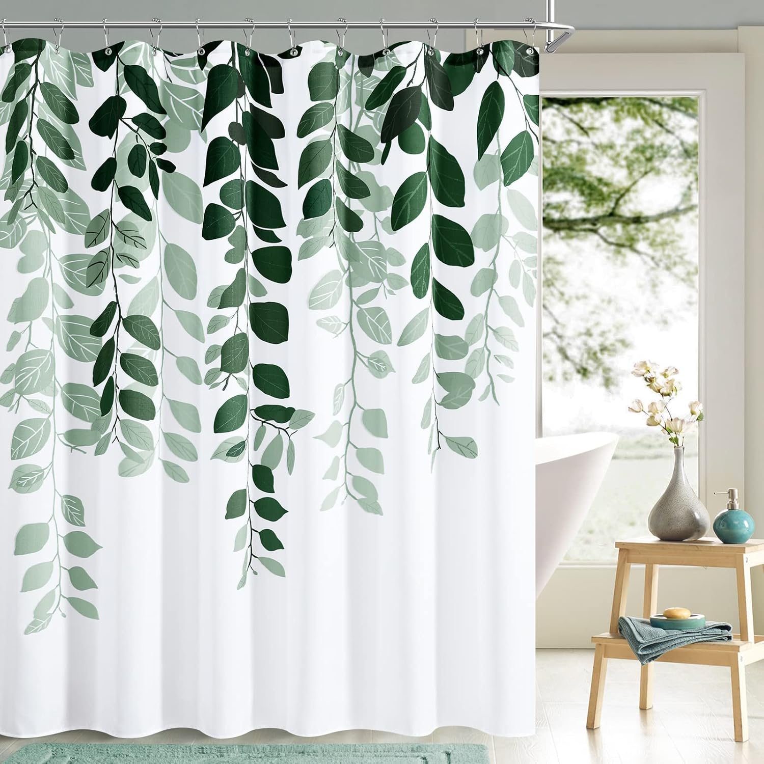 BOODII Emerald Green Leaves Shower Curtain for Bathroom Hunter Green Eucalyptus Watercolor Shower Curtain for Bathroom Botanical Floral Leaf Spring Decor 72x72 inch