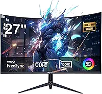 Monitor Curvo 27 Polegadas 100Hz com Painel VA e AMD FreeSync - Imersão Total em Curvatura R1500, Cores 100% sRGB,Suporte VESA,Perfeito para Uso como Monitor de PC em Casa, Escritório e Jogos