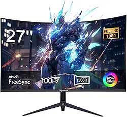 Monitor Curvo 27 Polegadas 100Hz com Painel VA e AMD FreeSync - Imersão Total em Curvatura R1500, Cores 100% sRGB,Suporte VESA,Perfeito para Uso como Monitor de PC em Casa, Escritório e Jogos