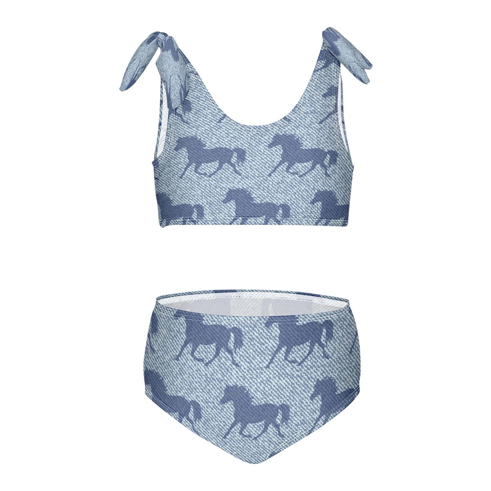 Dussdil Blue Horse Girls Swimsuits 2 Piece Swimwear Bikini Set Beach Bathing Suit for Summer Girl Kids 9-10T