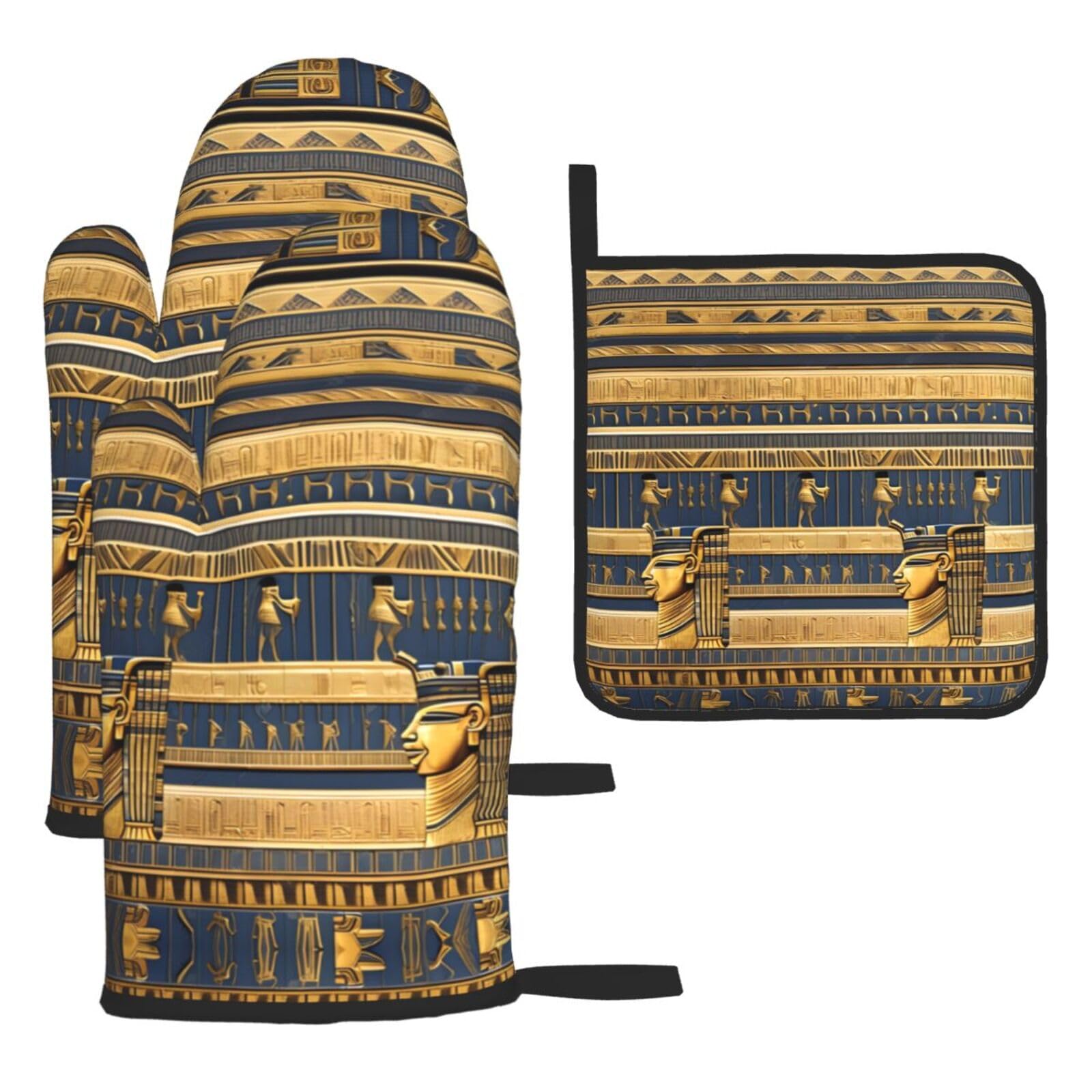 Egyptian Pharaonic Frescoes 3 Piece Kitchen Oven Mitt Set Heat Resistant Gloves with Pot Holder Mat Polyester Printed for Cooking Baking BBQ Grill