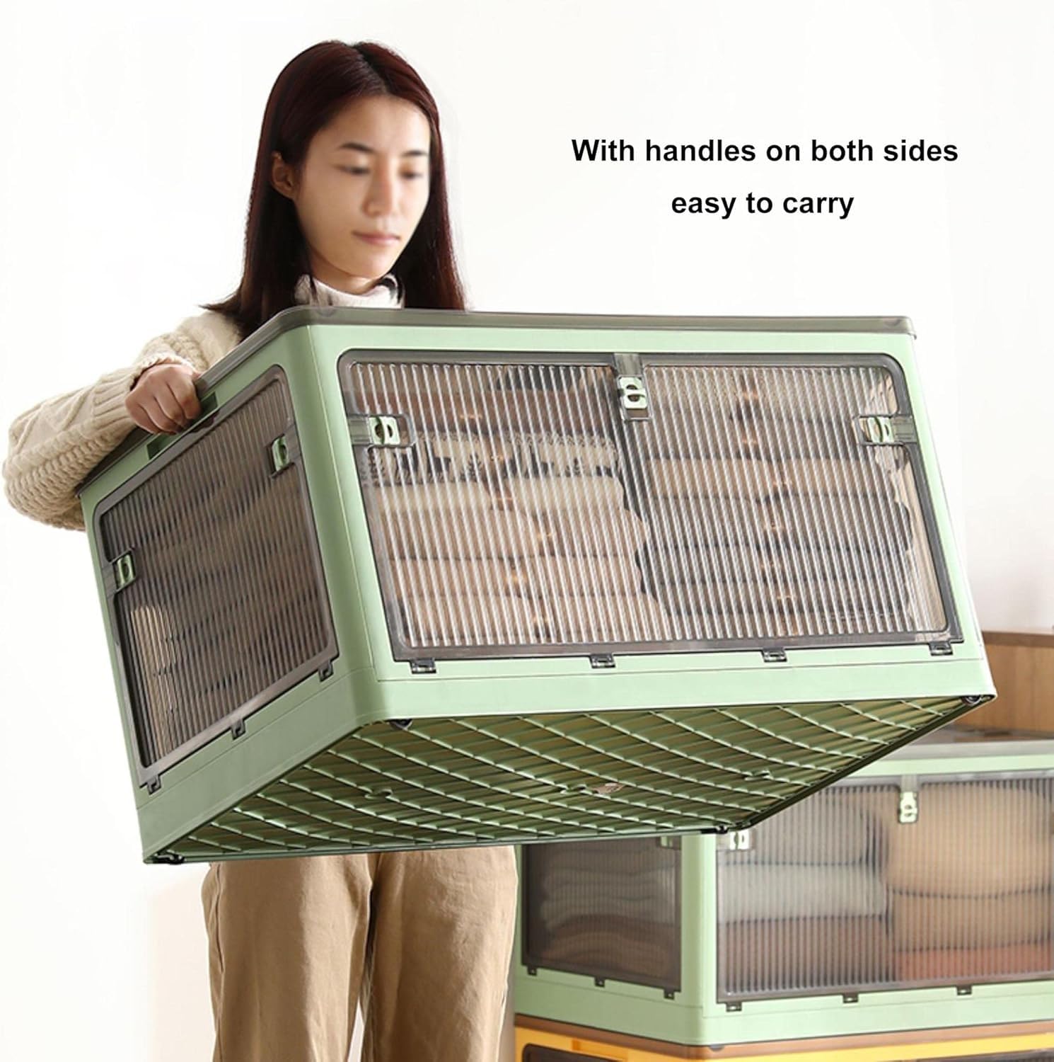 Cajas de Almacenamiento Grandes de plástico Transparente y Plegables con Tapa, Asas y Ruedas, Ideales para guardarropas, comestibles y alacenas. Ahorra Espacio, Azules (73 x 49 x 40 cm).