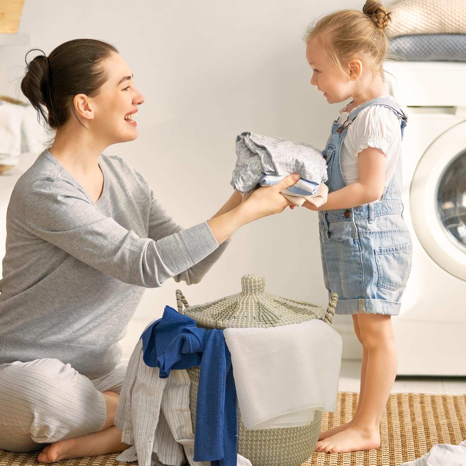 3 Pz 76L+43L+26L Set di Cestini per la Biancheria con Coperchio e Sacchetti Interni, Cesto Intrecciato, Fatto a Mano, Cesto Portaoggetti con Manici in Salice per Bagno o Cameretta dei Bambini, per