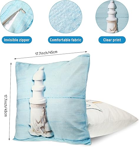 Miniatura 2 de Tatuo 6 fundas de almohada de playa oceánica de 18 x 18 pulgadas, náuticas de verano, con temática de mar, estrellas de mar, faro, velero, ancla,