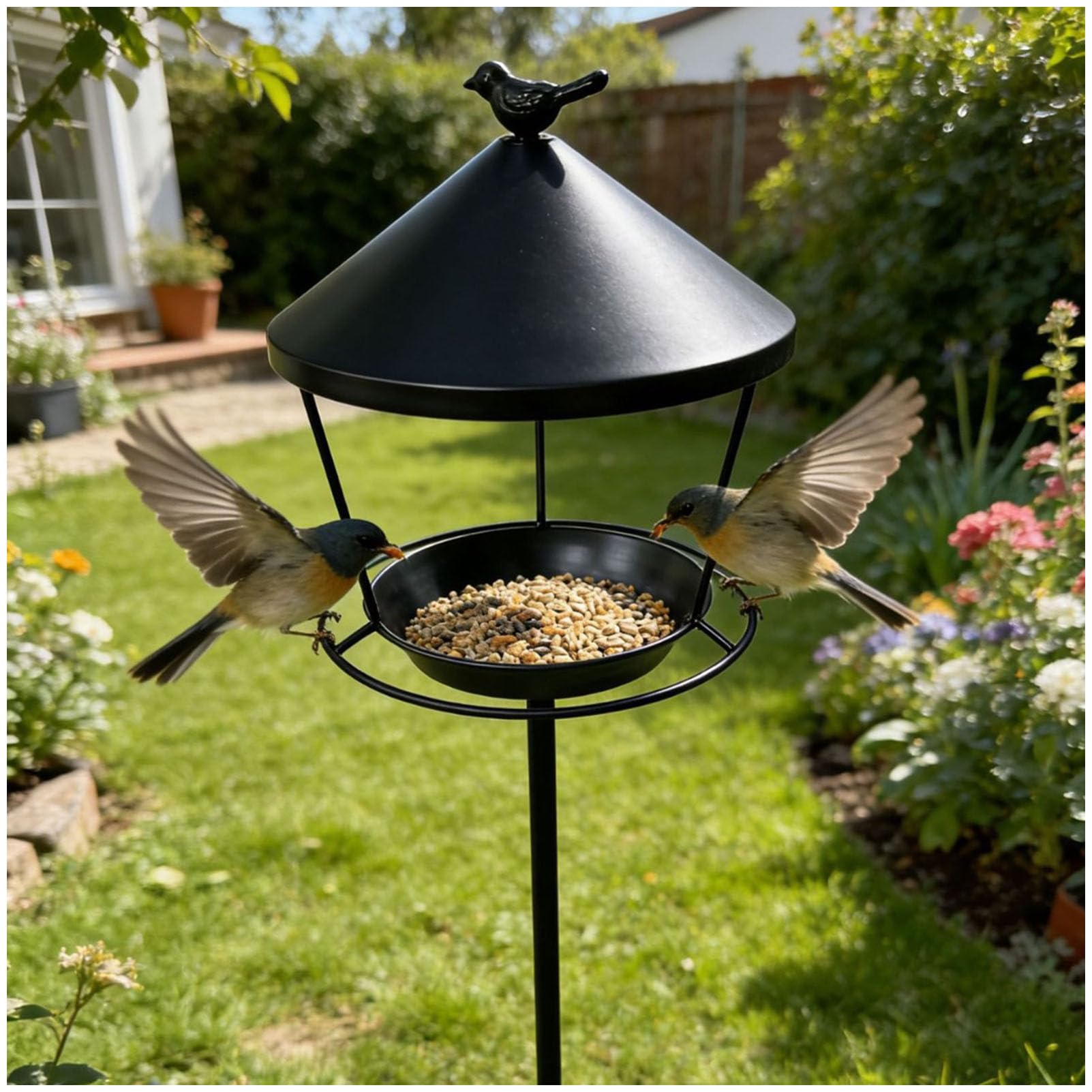 Comedero para pájaros con Soporte y Anillo de Hierro para Clavar en el Suelo, comedero Anti-Desperdicio para Aves Silvestres, comedero Colgante de Hierro Forjado,Negro,100 x 25 x 20 cm