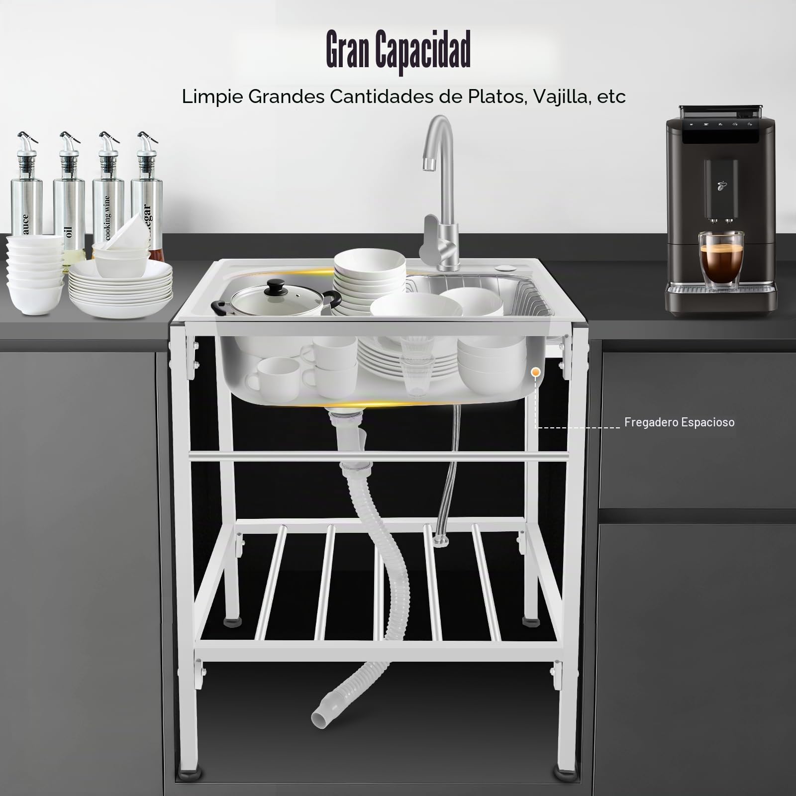 Fregadero de cocina, fregadero independiente, fregadero inox, con grifo caliente y frío, cesta de drenaje, drenaje, soporte ajustable, lavabo, 60 x 45 x 75 cm para cocina, taller, exterior