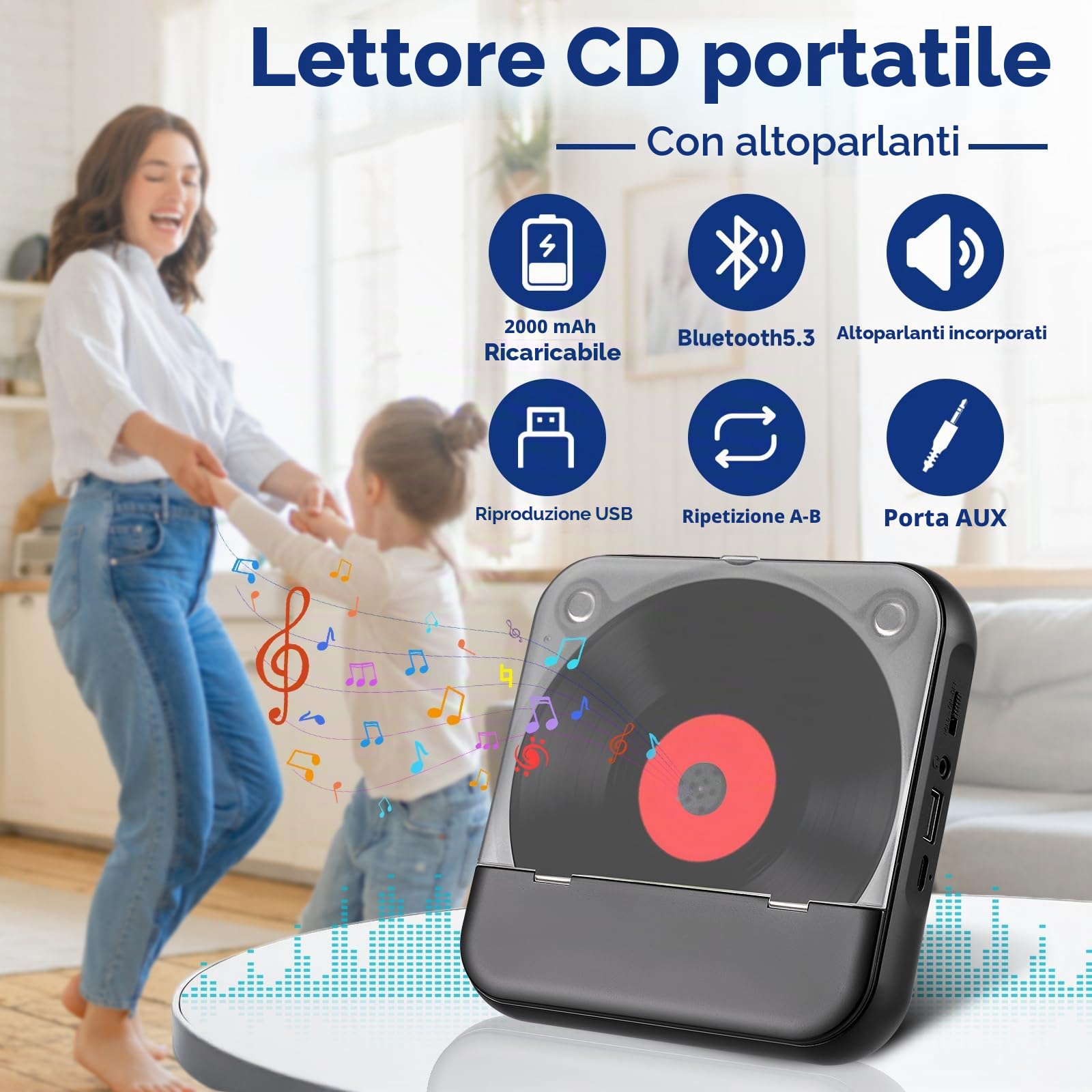 Lettore CD Portatile con Bluetooth 5.3 - Lettore CD per Bambini con Batteria da 2000 mAh, USB, Riproduzione MP3, connessione AUX - incl. Cuffie - per Auto, Viaggi e cameretta dei Bambini