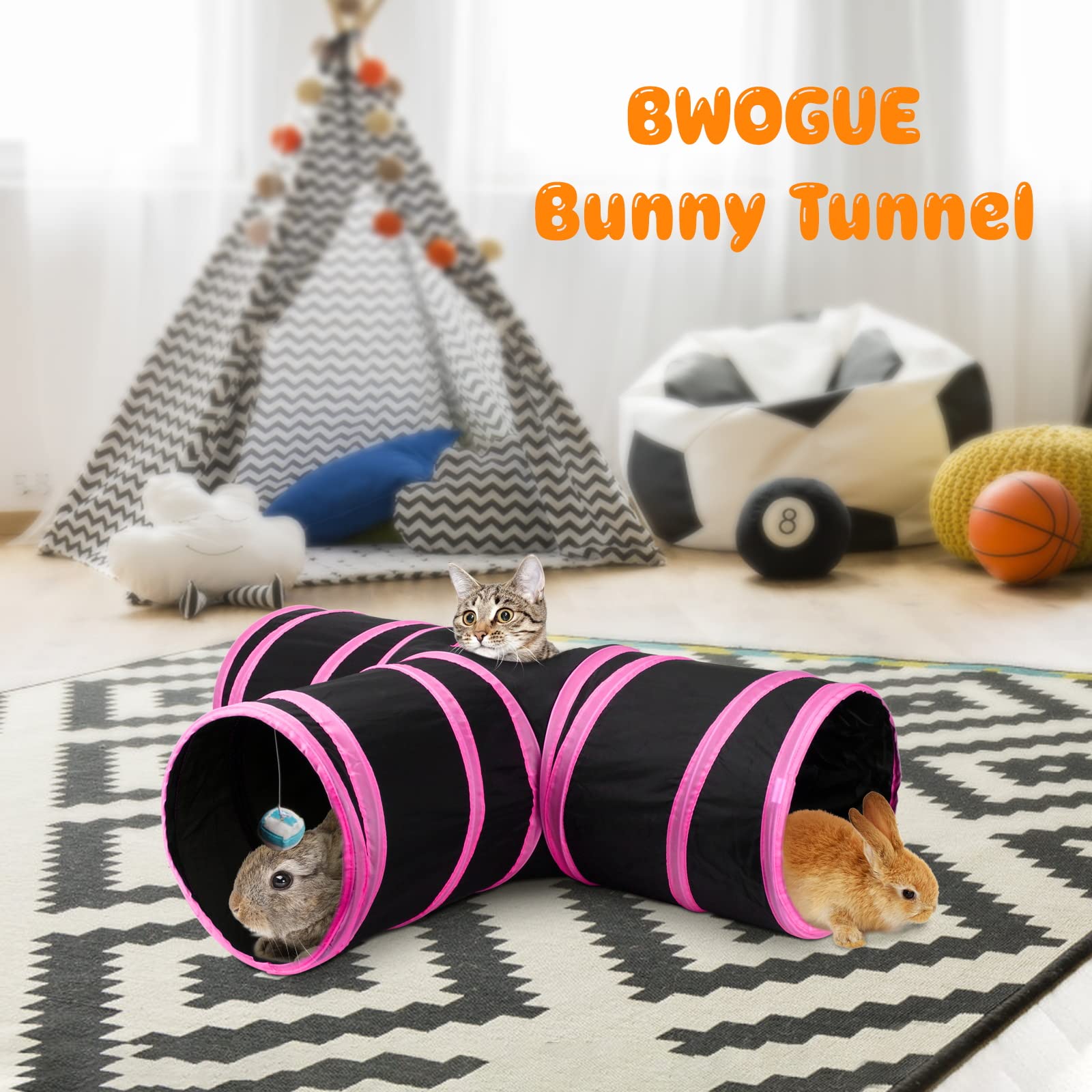 BWOGUE Bunny tunnel e tubi pieghevoli 3 vie coniglietto nascondiglio piccolo animale attività tunnel giocattoli per conigli nani coniglietto porcellini d'India Kitty