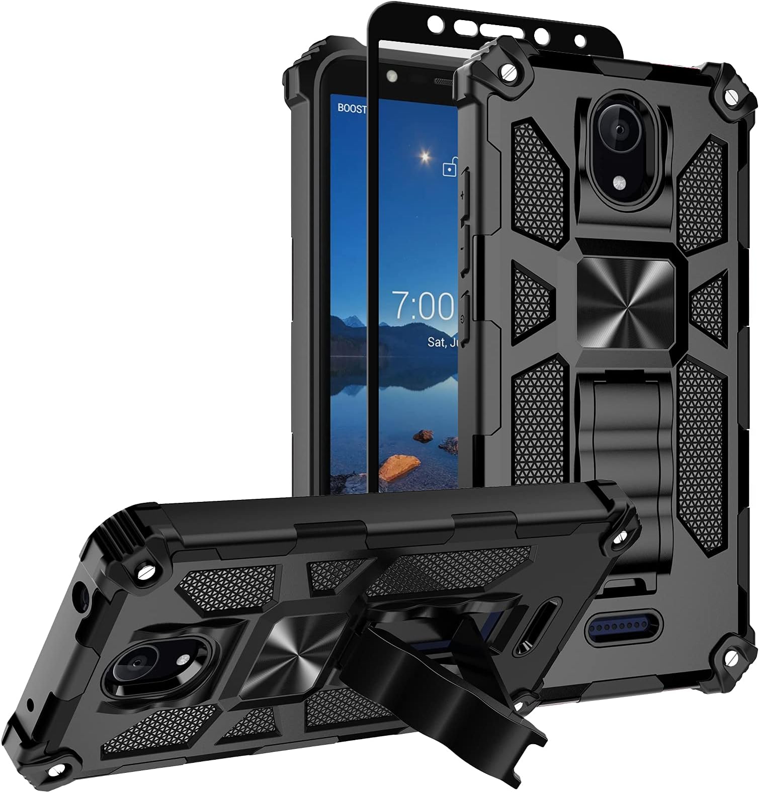 Nuomaofly for Wiko Ride 2 (U520AS Boost Mobile) Case with Screen Protector, [Military-Grade Protective] Defender Phone Case Heavy Duty with Finger Ring Holder Kickstand - Black