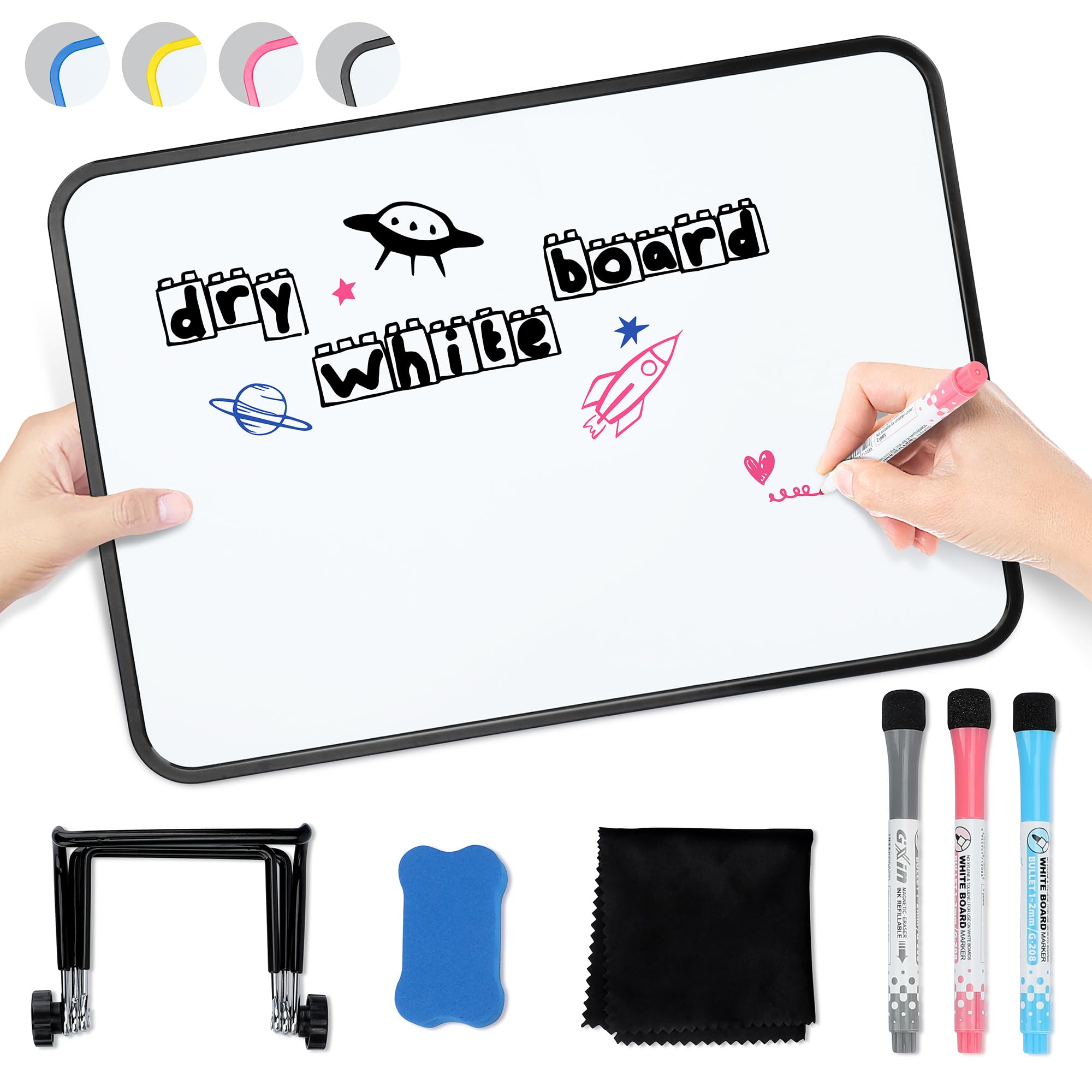 SOTERSmall White Board Dry Erase，Protable Double Sided Travel Drawing Mini Whiteboard for Students Teachers School Supplies with Stand ，Markers and Erasers (Black)