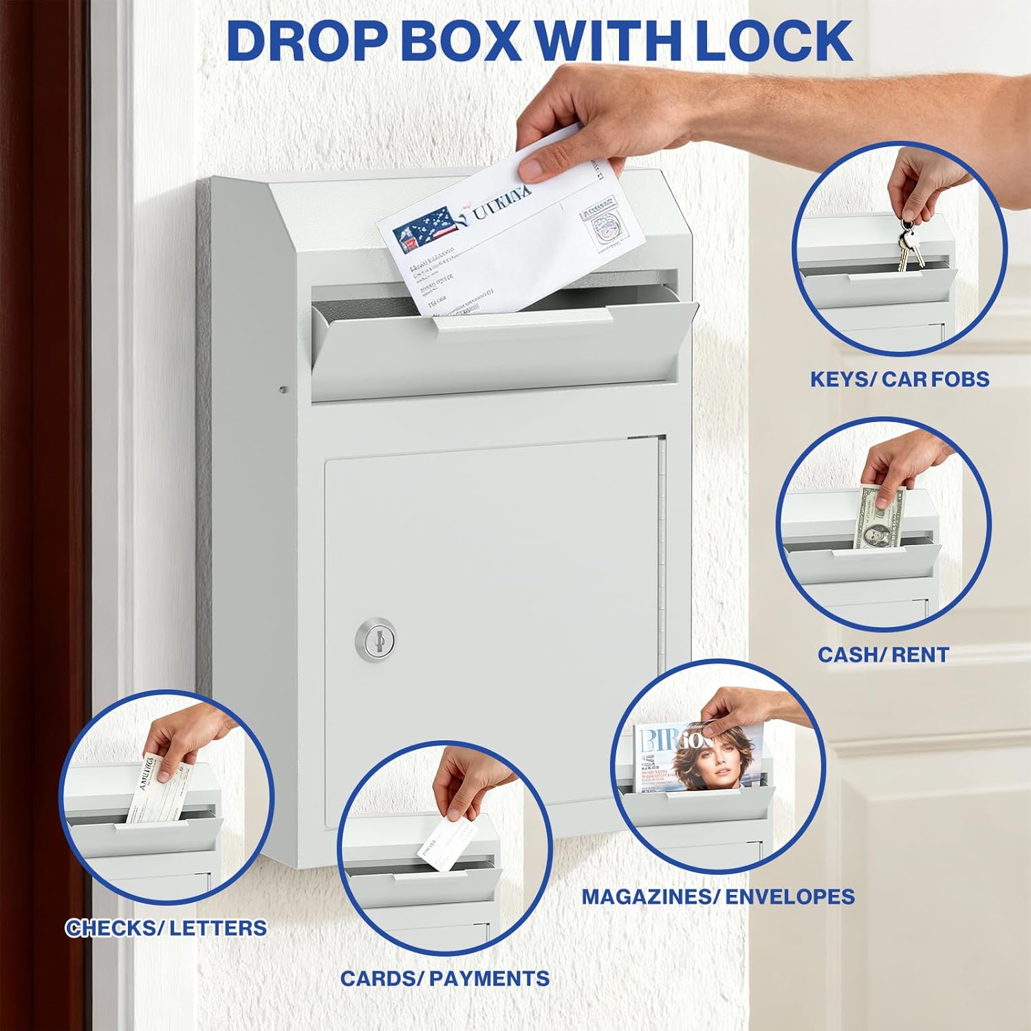 POCHAR Metal Wall Mount Locking Deposit Drop Box Safe - Heavy Duty Lock Box for Keys, Rent, Checks, Money, and Mail Envelopes (9.75” x 4.25” x 14.75”) (White)