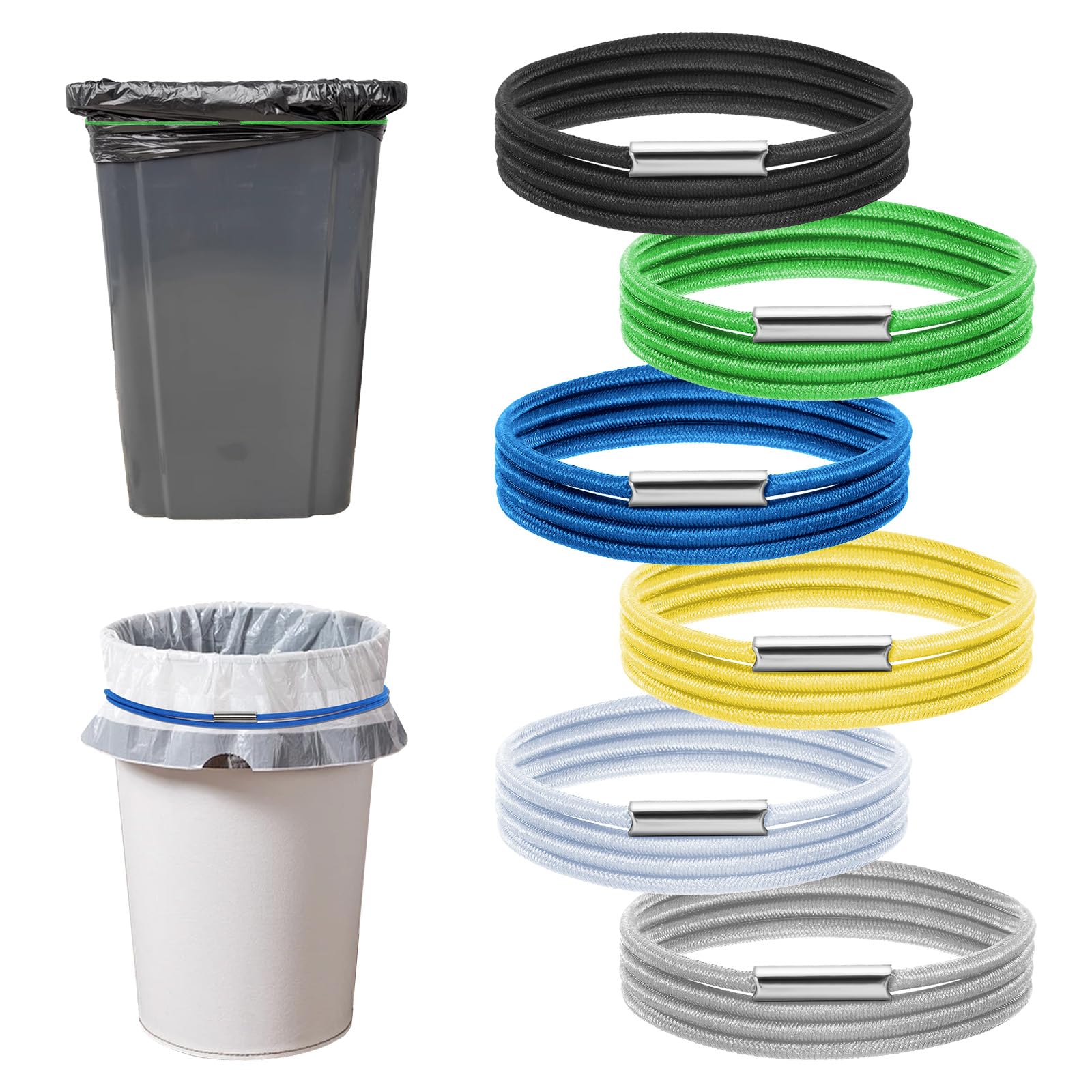 Tyqour 6 Pcs Trash Can Rubber Bands, Adjustable Garbage Can Rubber Bands, Elastic Bin Bag Holder for Homewares Kitchen Tables Picnic Party Home Office School Indoor and Outdoor (Colorful)