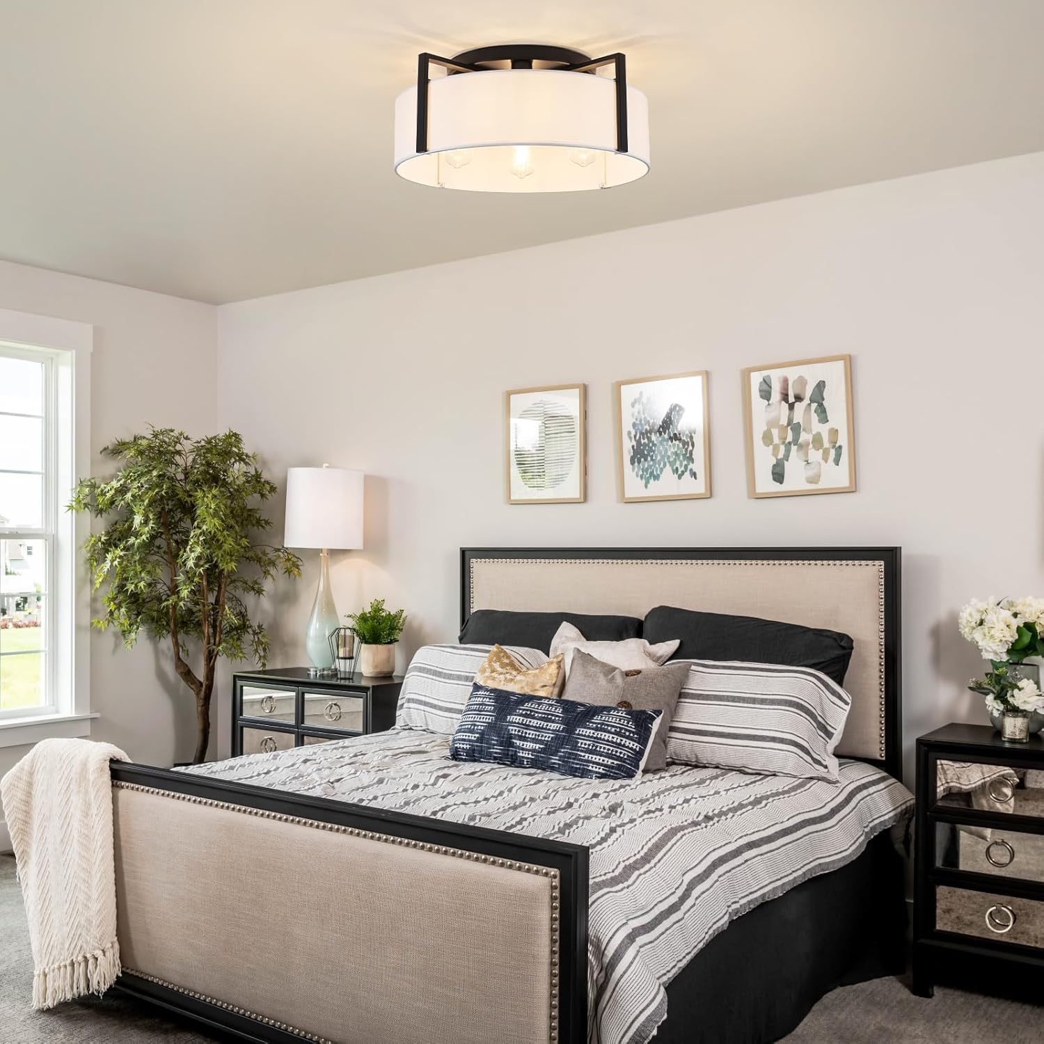 20.5" Semi Flush Mount Ceiling Light, 4-Light Modern Kitchen Hallway Light Fixtures with Drum White Shade, Metal Close to Ceiling Lights for Entryway Living Room Bedroom Dining Room Foyer, Black