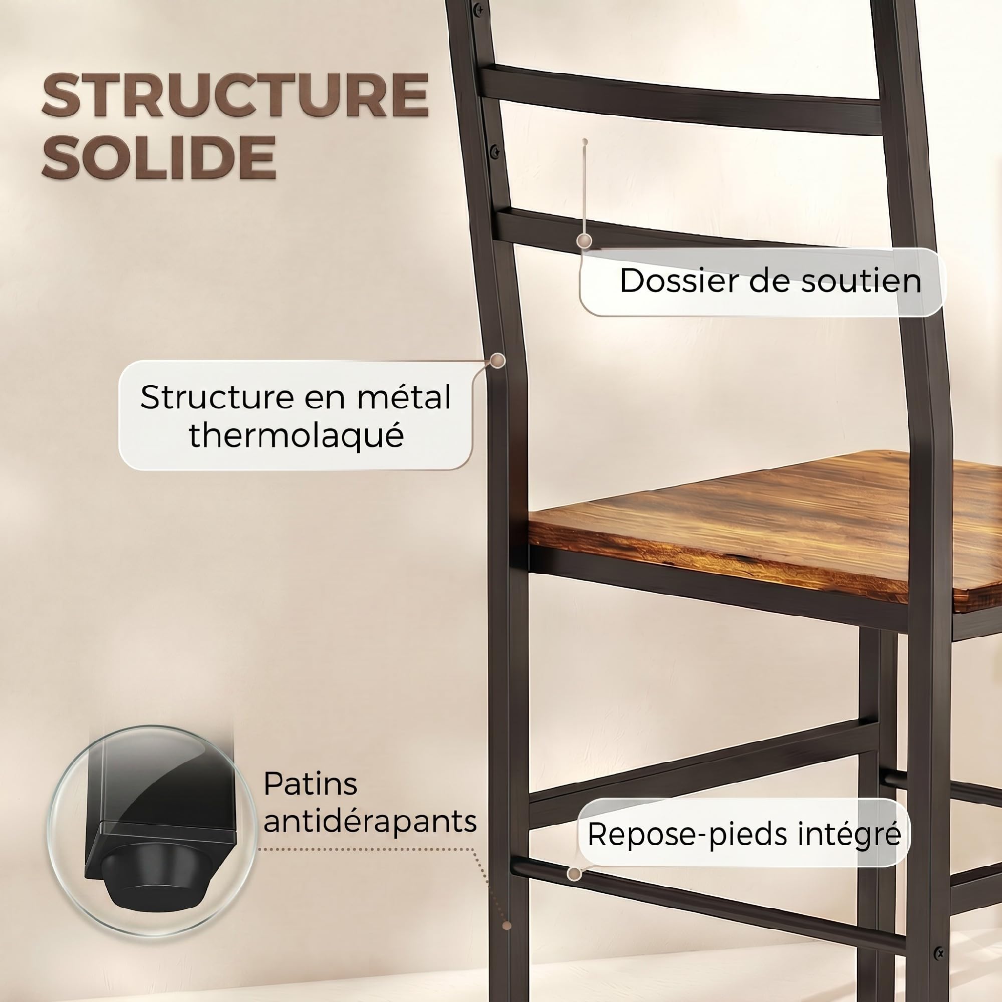 HOMCOM Ensemble Table Salle à Manger avec 2 chaises, Table de Cuisine pour 2 Personnes, étagère de Stockage, Cadre métallique, Style Industriel, idéal pour Espace réduit, Brun Rustique