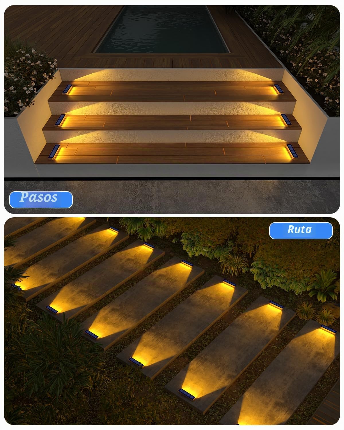 DetarZinLED Luces Solares LED Exterior Jardin, 4 uds Luces Solares Exterior Luz LED Escaleras Impermeable IP68, Blanco Cálido Luz Exteriores Solar para Escaleras, Jardin, Patios, Terraza, Valla, Deck