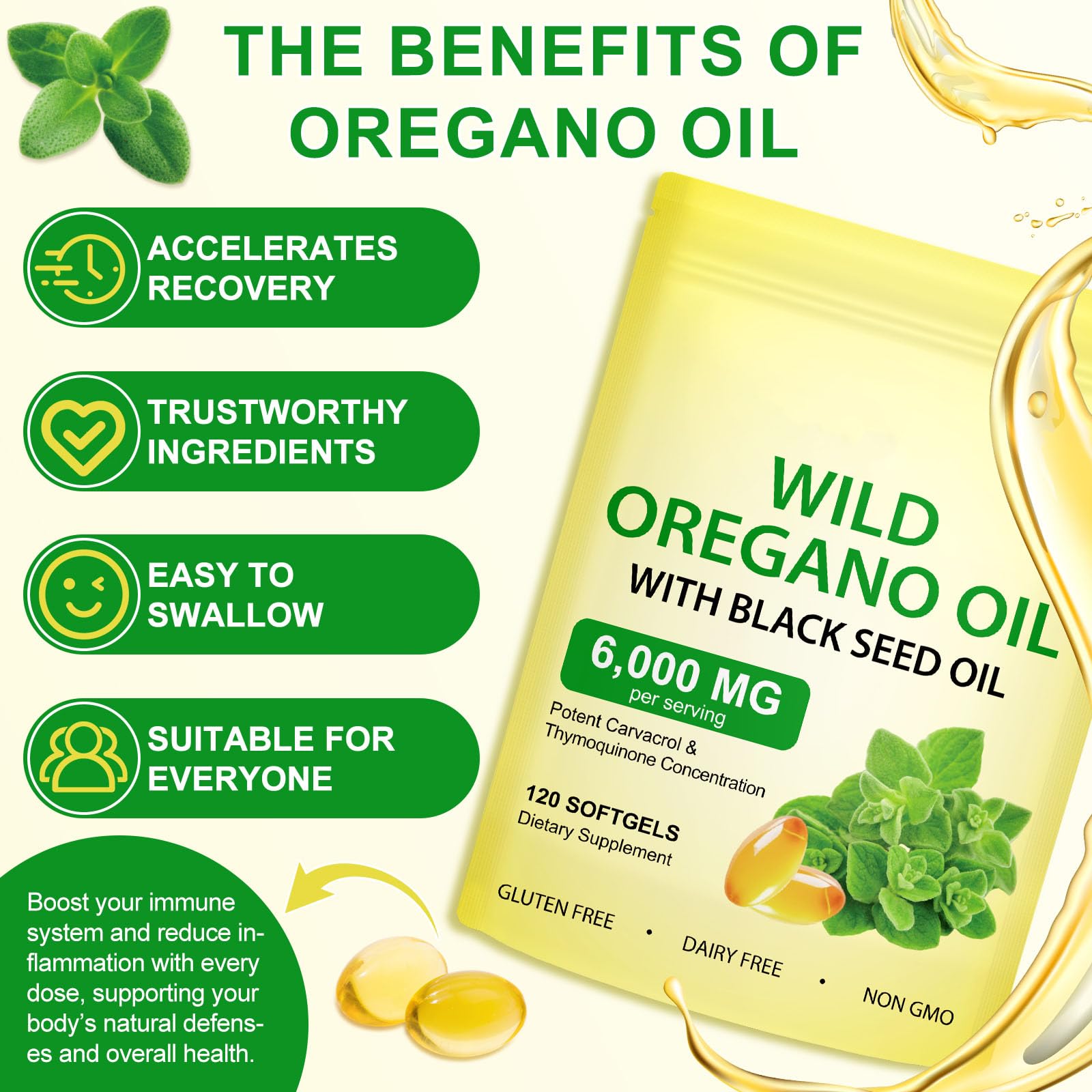 Olio di origano capsule, oregano oils capsules, oil of oregano with black seed oil, olio di origano in capsule con 165 mg di carvacrolo | Non OGM, 120 capsule