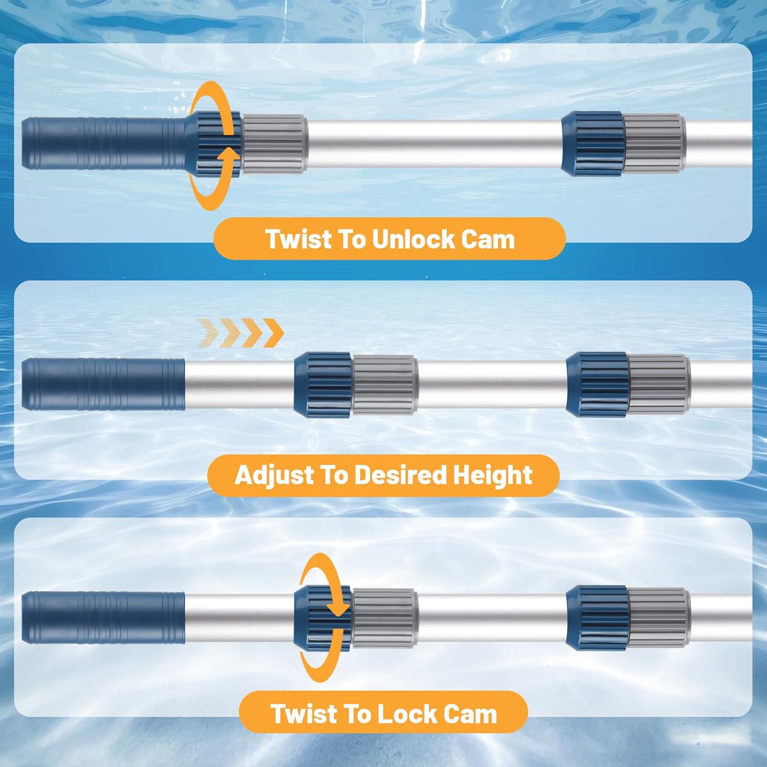 Pool Pole, 12FT Telescopic Pool Cleaning Pole, Professional Aluminum Swimming Pool Poles, 1-1/4" Universal Connector for Skimmer Net, Brush & Vacuum Head