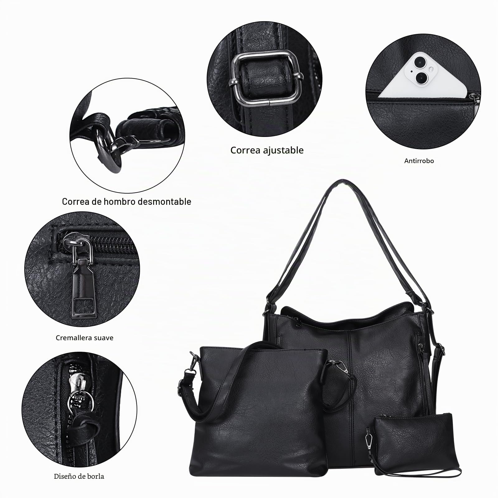 HUA ANGEL Bolso de hombro Set de 3 Bolsos Mujer Grande Tote (Convertible a Mochila) + Bandolera Móvil + Clutch in Cuero PU Multifuncional Bolso de mano para Viaje Trabajo Shopping Diario