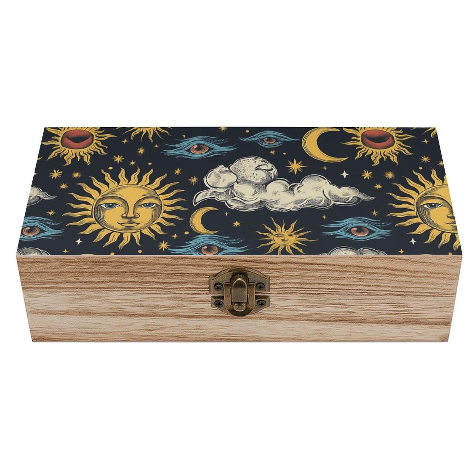 SMAZDFXX Enchanting Sun, Moon, Star, Clouf, Eye Wooden Storage Box Multipurpose Decorative Box for Jewelry Photo Home Decor