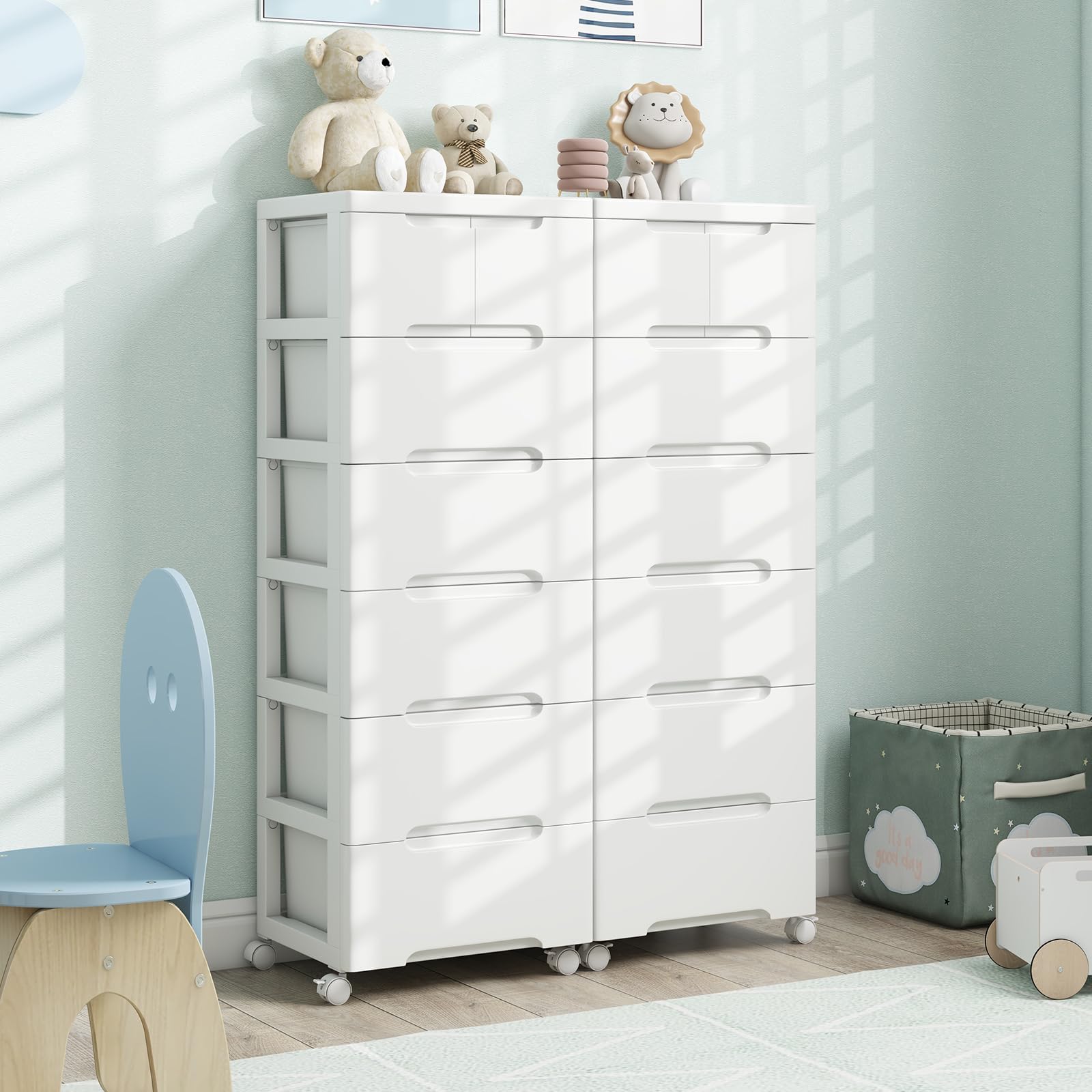 KOMFOTTEU Cassettiera con 4 Ruote a 4/5/6 Cassetti, Carrello Portaoggetti in Plastica, Carrellino Salvaspazio per Bagno, Cucina, Soggiorno, Camera da Letto, Bianco (6 Cassetti)