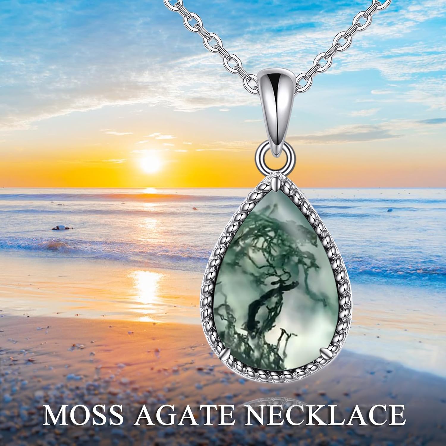 VONALA Sterling Silver Necklace Moss Agate/Turquoise/Larimar/Aquamarine/Opal/Black Onyx/Rose Quartz/Moonstone Pendant Teardrop Necklace Jewelry Gift for Women