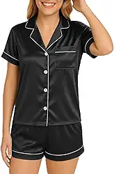 Conjunto de pijama feminino de cetim com botões e manga comprida