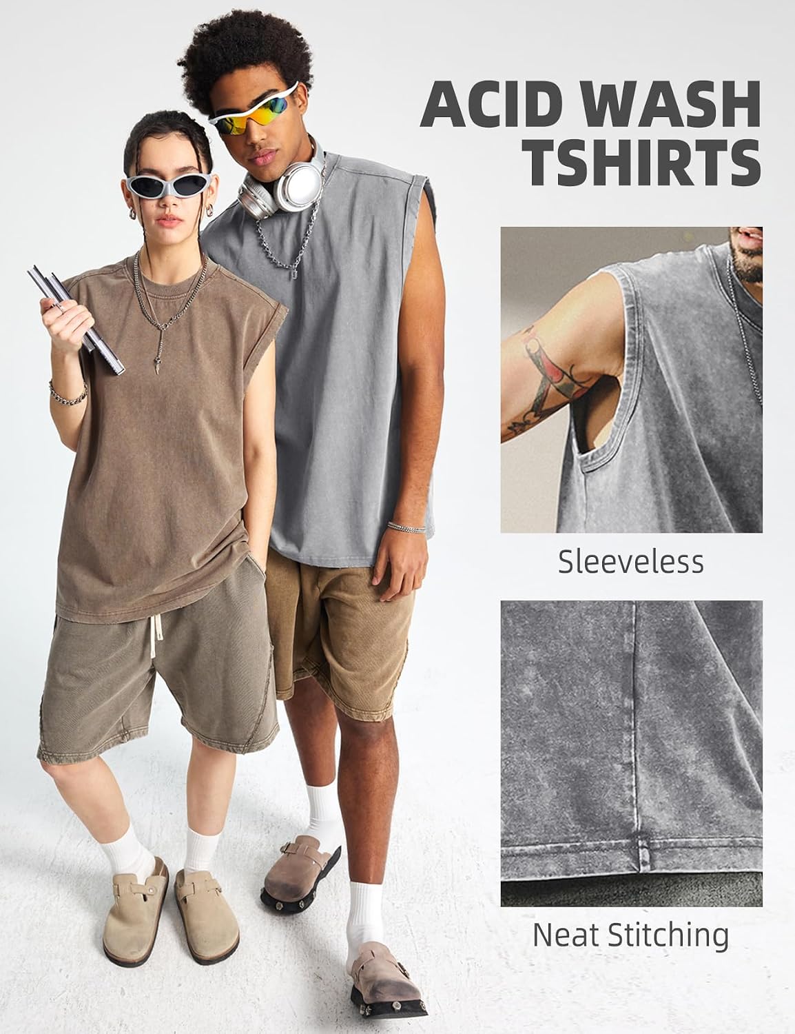 Arssm Sleeveless Shirts for Men Tank Tops Cotton Acid Wash Tees Muscle Workout Running Tank Tops
