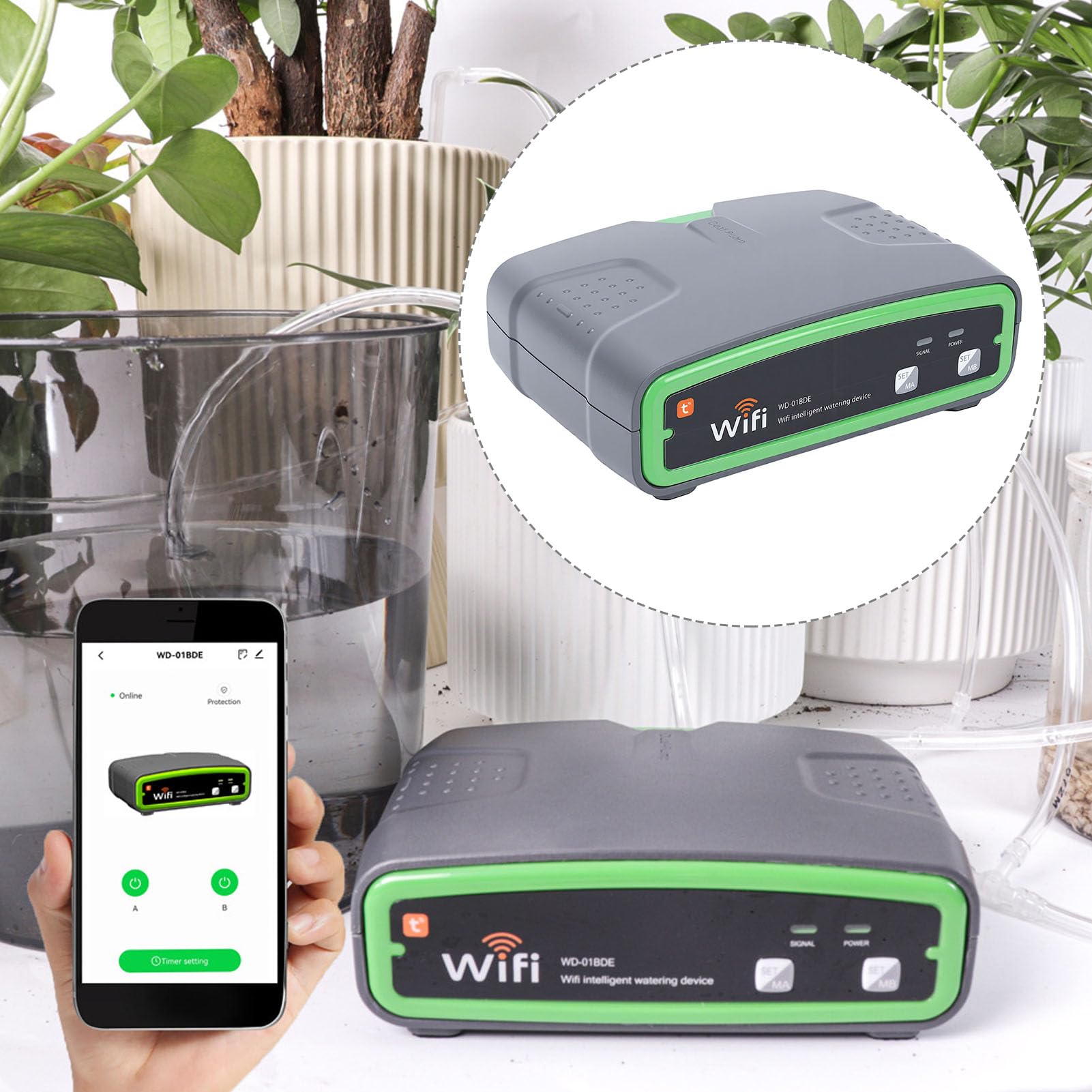 Cryfokt Inteligentne Urządzenie do Podlewania WiFi Automatyczny Sterownik Nawadniania dla Roślin Doniczkowych, Zdalne Sterowanie Podwójna Pompa Timer, Oszczędzanie Wody, Materiał ABS