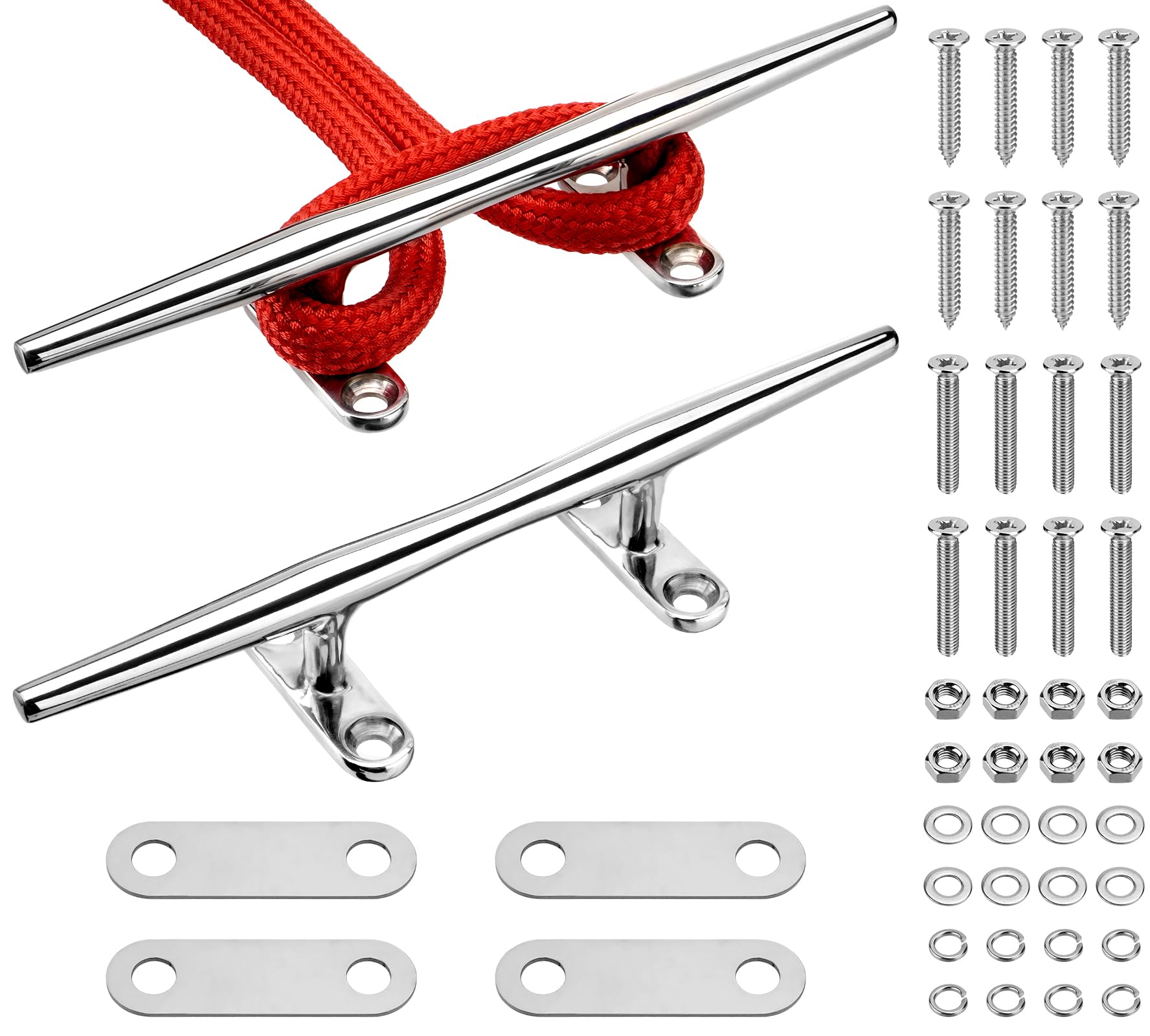 8"/10"/12" Boat Cleats, 316 Stainless Steel Open Base Marine Dock Rope Cleats with Backing Plates and Two Types Screws, Compatible with Kayak, Yacht, Pontoon, Nautical Decor
