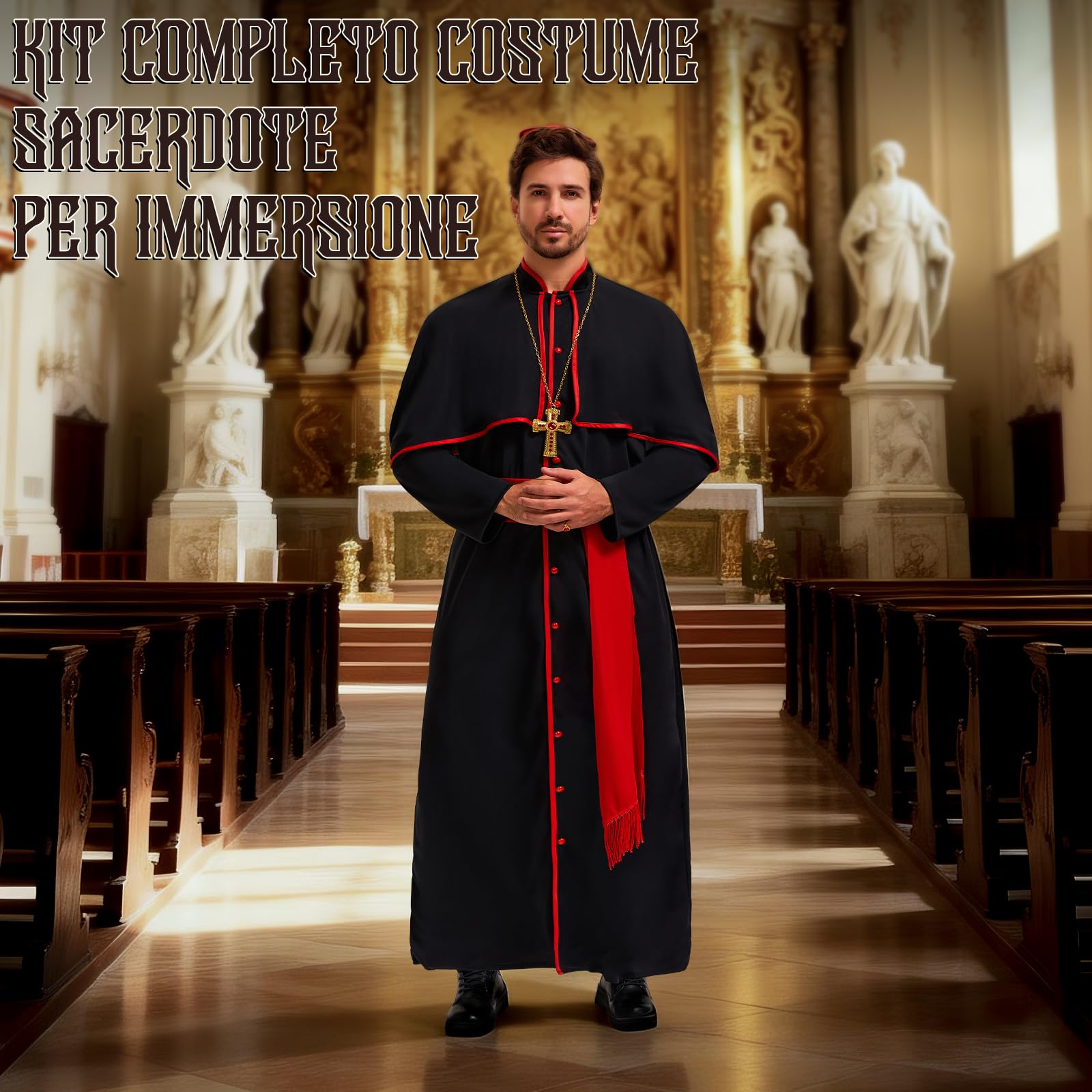 Costume Cardinale per Uomo, Carnevale Costume da Prete per Adulto con Catena, Cintura Vestito da Prete per Carnevale Cosplay