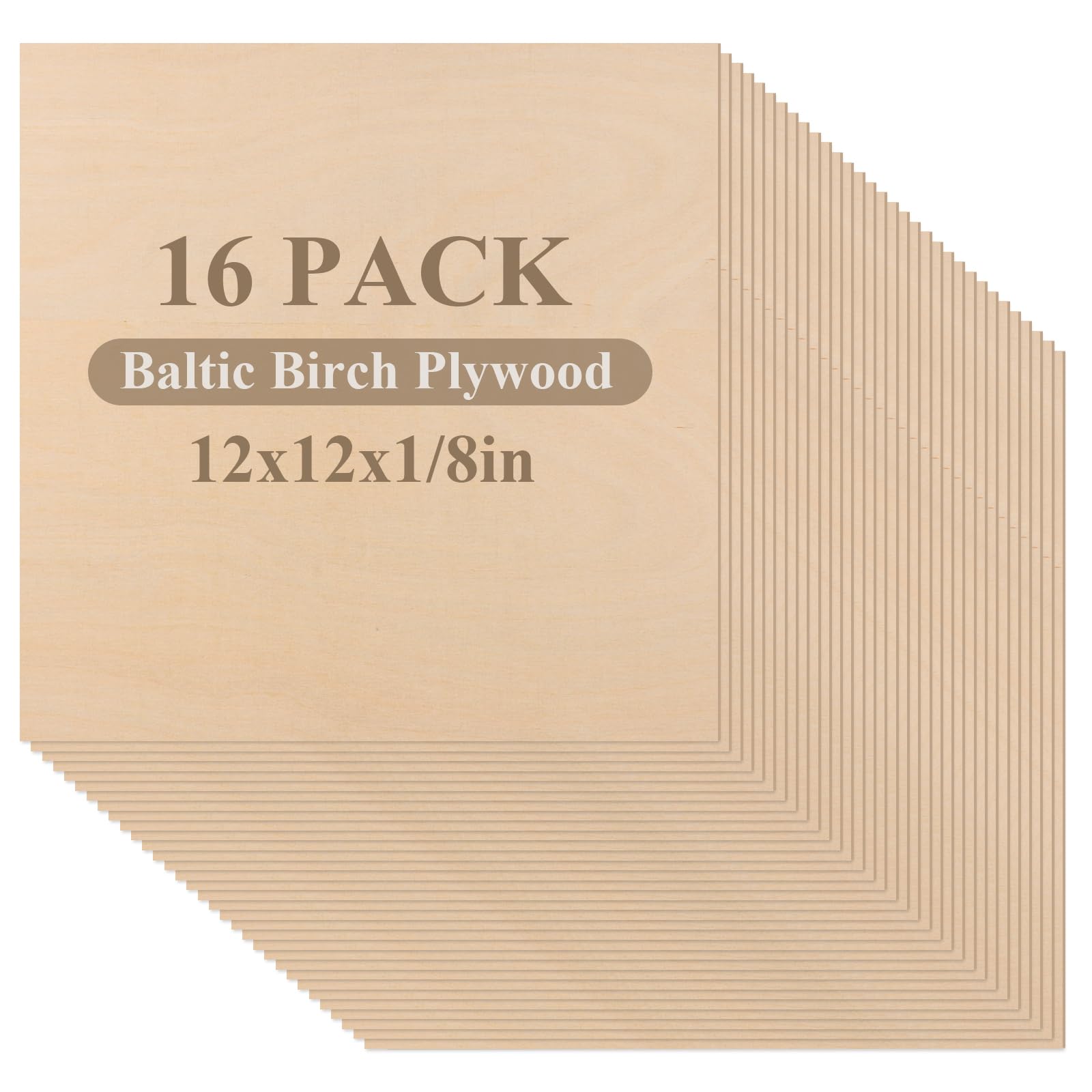 16 Pcs Baltic Birch Plywood 1/8" Plywood Sheets 12" x 12" Inch Thick Birch Unfinished Wood for Arts and Crafts, DIY Projects, Drawing, Painting, Laser, Wood Engraving