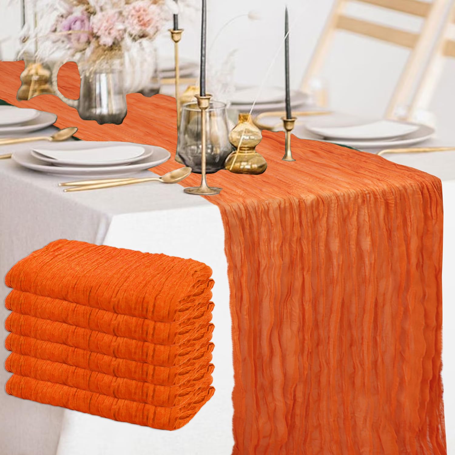 FANPROMS Paquete de 6 caminos de mesa de gasa de color naranja de 10 pies de largo, estilo bohemio, para mesas de café y pasteles, camino de mesa de 304 cm de largo, color naranja quemado para