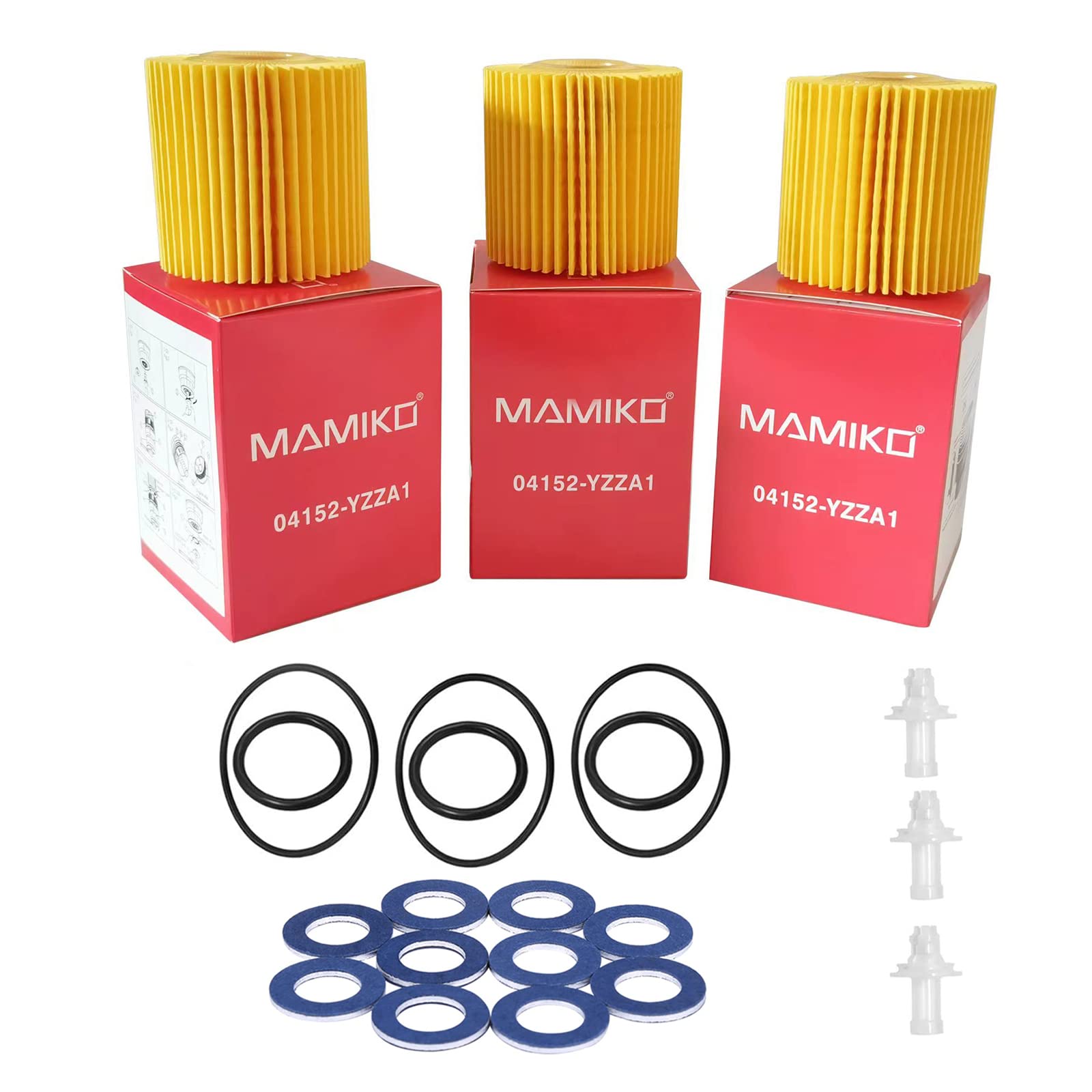 Mamiko 04152-YZZA1 Oil Filter Kit (3Pcs) and 90430-12031 Oil Drain Plug Gaskets (10 Pcs) Compatible with Toyota Avalon Camry RAV4 Sienna Lexus ES300h ES350 IS200t RX350 RX450h Replacement