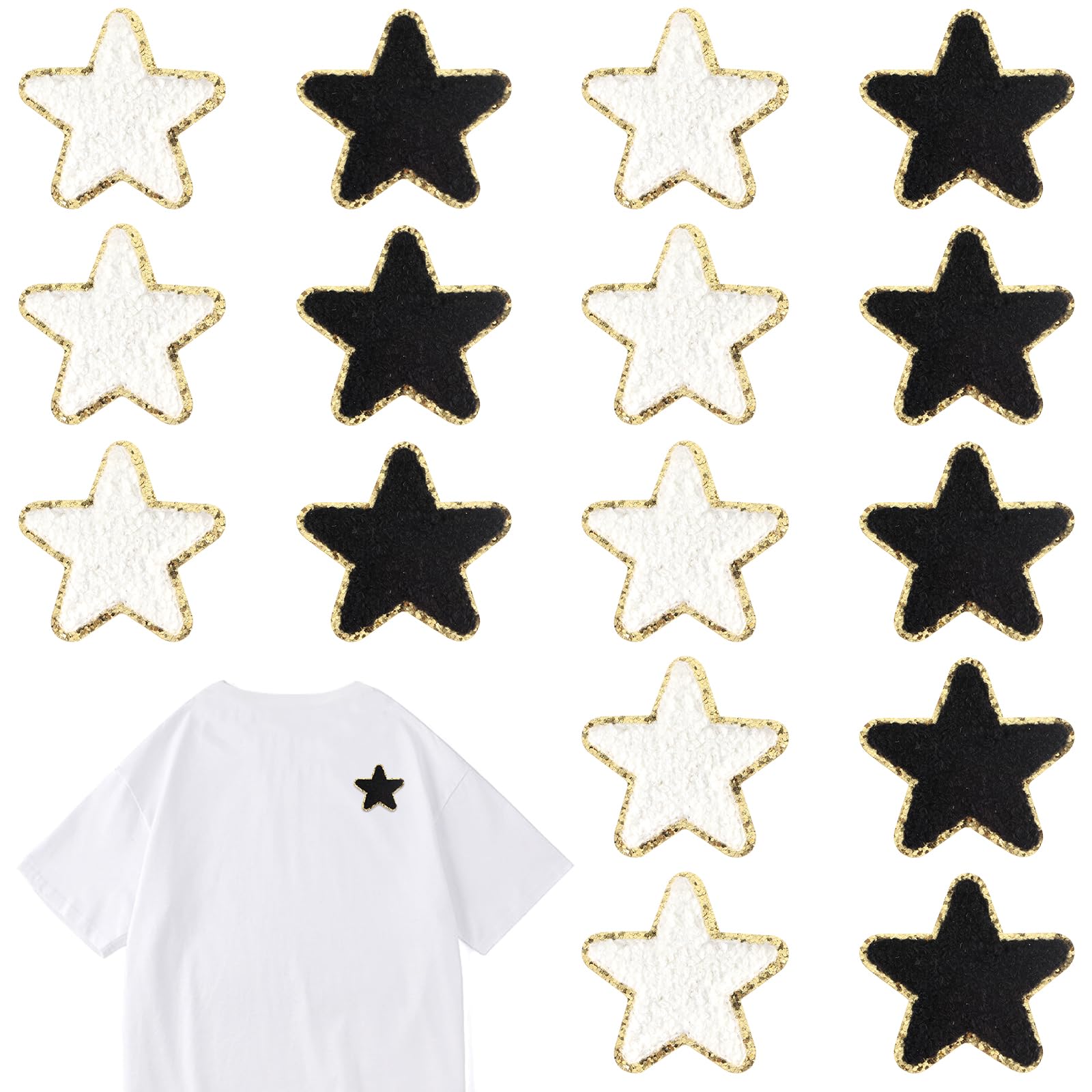 16 PCS Star Patches Golden Edges Iron On Patch Chenille Embroidery Fabric Patche Sew On Patch Self-Adhesive Bolt Patch DIY Decor Patches Star Stickers for Clothing Jeans Jackets Backpacks Hats Shirts