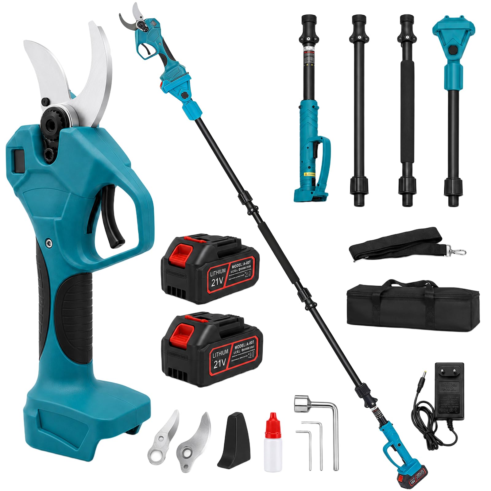 Tijera de podar telescópica con batería, con 21V 2 x 3,0Ah baterías y vara de extensión de 2,3 m, pantalla LCD, diámetro de corte de 40 cm, 3 ajustes de longitud, 6-8 horas de trabajo, tijera de