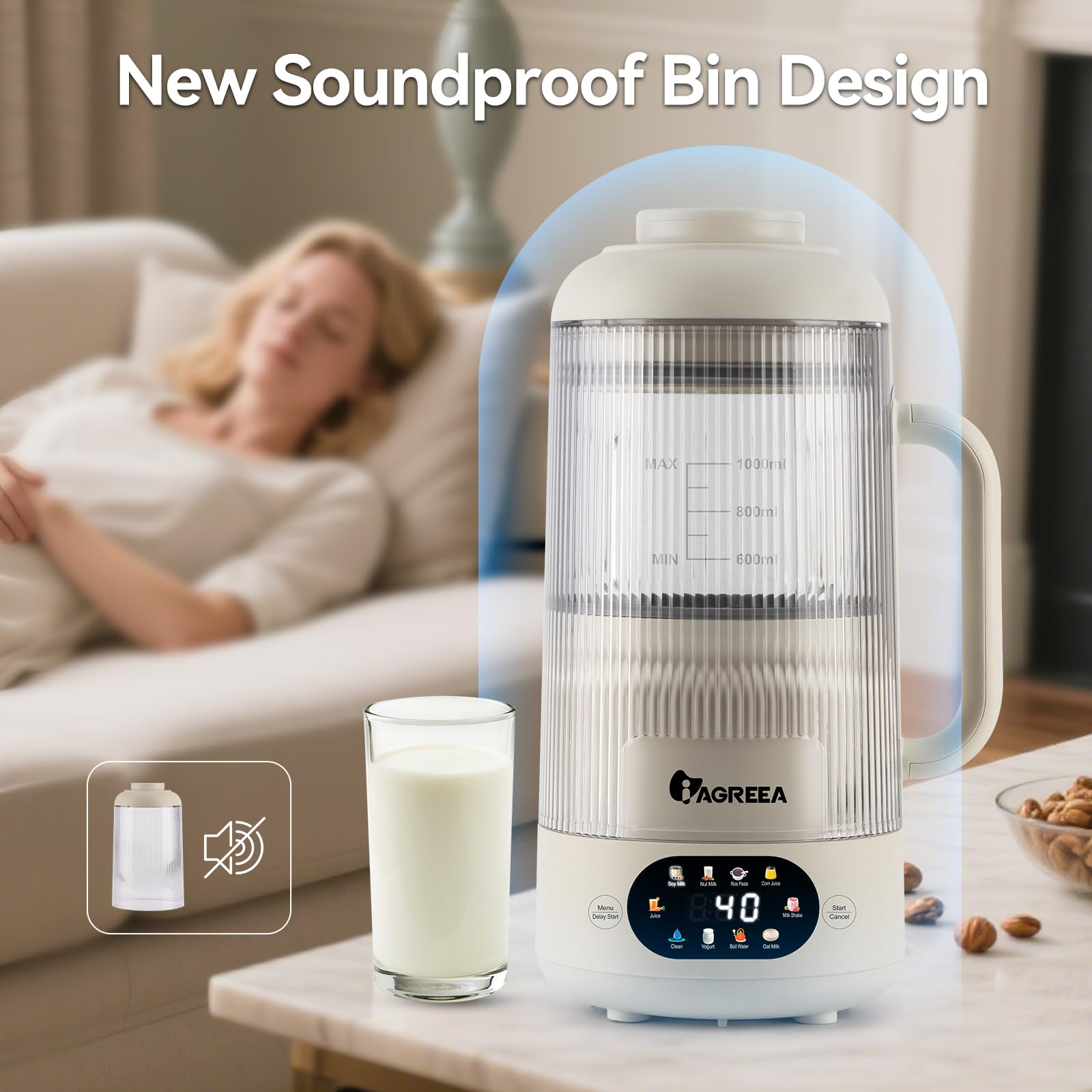 10 IN 1 Noise Reducing Nut Milk Maker Machine, 35 OZ Soy Milk Machine Maker, IAGREEA Countertop Blenders with Soundproof Cover, 12-Hour Delay, 2 Hours Heat Preservation, Juice/Oat/Soy/Clean/Milk Shake
