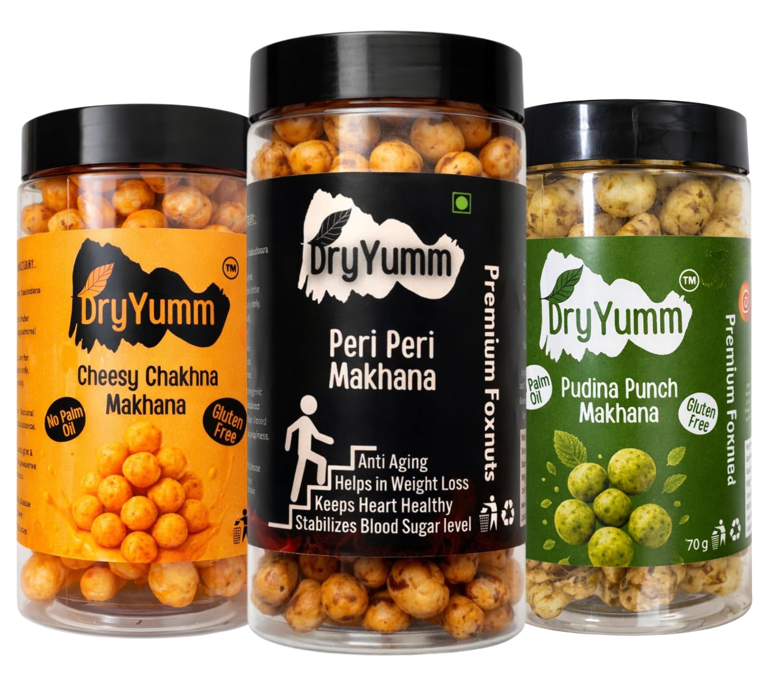 DryYumm Makhana Pack of 3, Peri Peri, Cheesy Chakhna, Pudina Punch Flavors, 270g, Roasted Fox Nuts, Low-Calorie, Gluten-Free, Vegan Snack-image-15