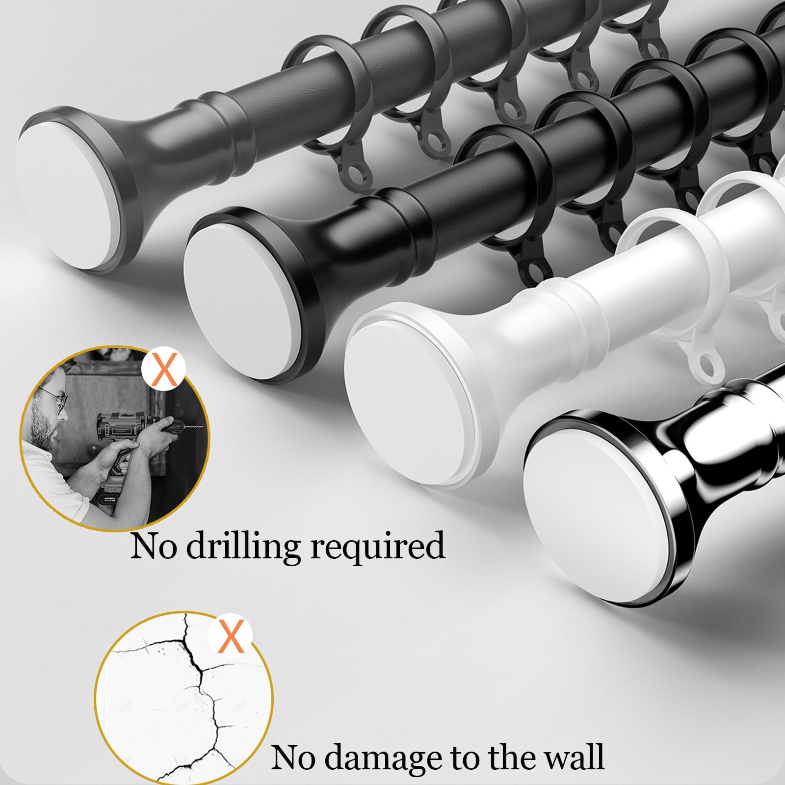 Asta Teon Adjuble da 5 m, senza trapano, facile da installare, con morsetto, asta estensibile nera, per finestre e bagno (310-400 cm)