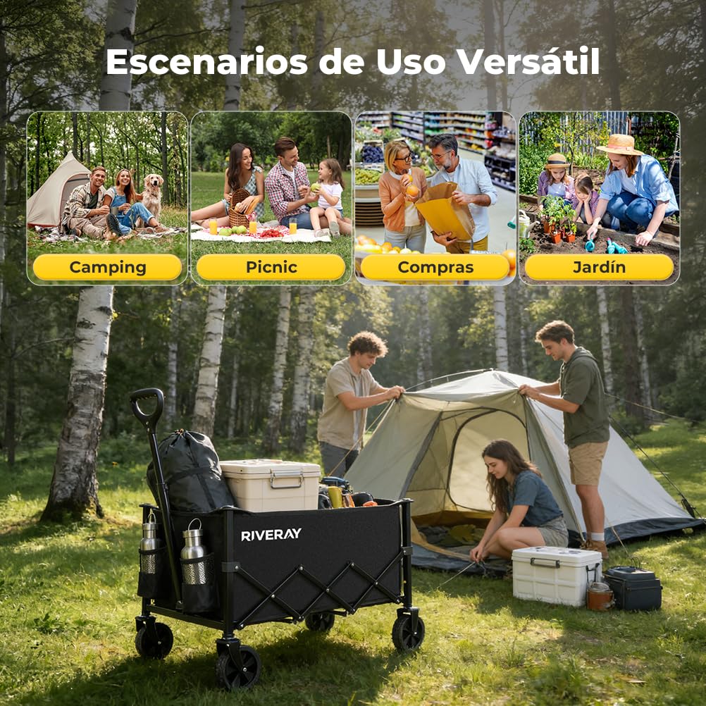 Carro Plegable con Ruedas, Capacidad 120L/120KG, Mango Ajustable y Ruedas Desmontables, Carrito Transporte Todoterreno para Camping, Compra o Jardín
