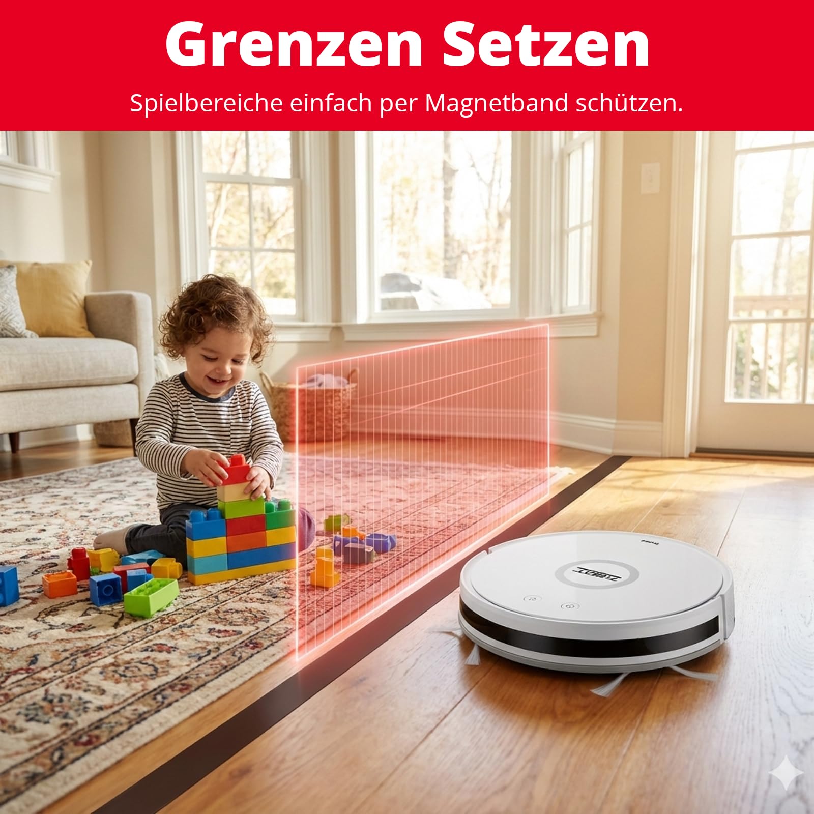 Trisa T-Bot Lite Saugroboter, 1300Pa, HEPA-Filter & Magnetband-Abgrenzung | 1300 Pa Saugkraft, 90 Min Laufzeit, HEPA-Filter für Allergiker, Magnetband-Abgrenzung, 5 Jahre Garantie