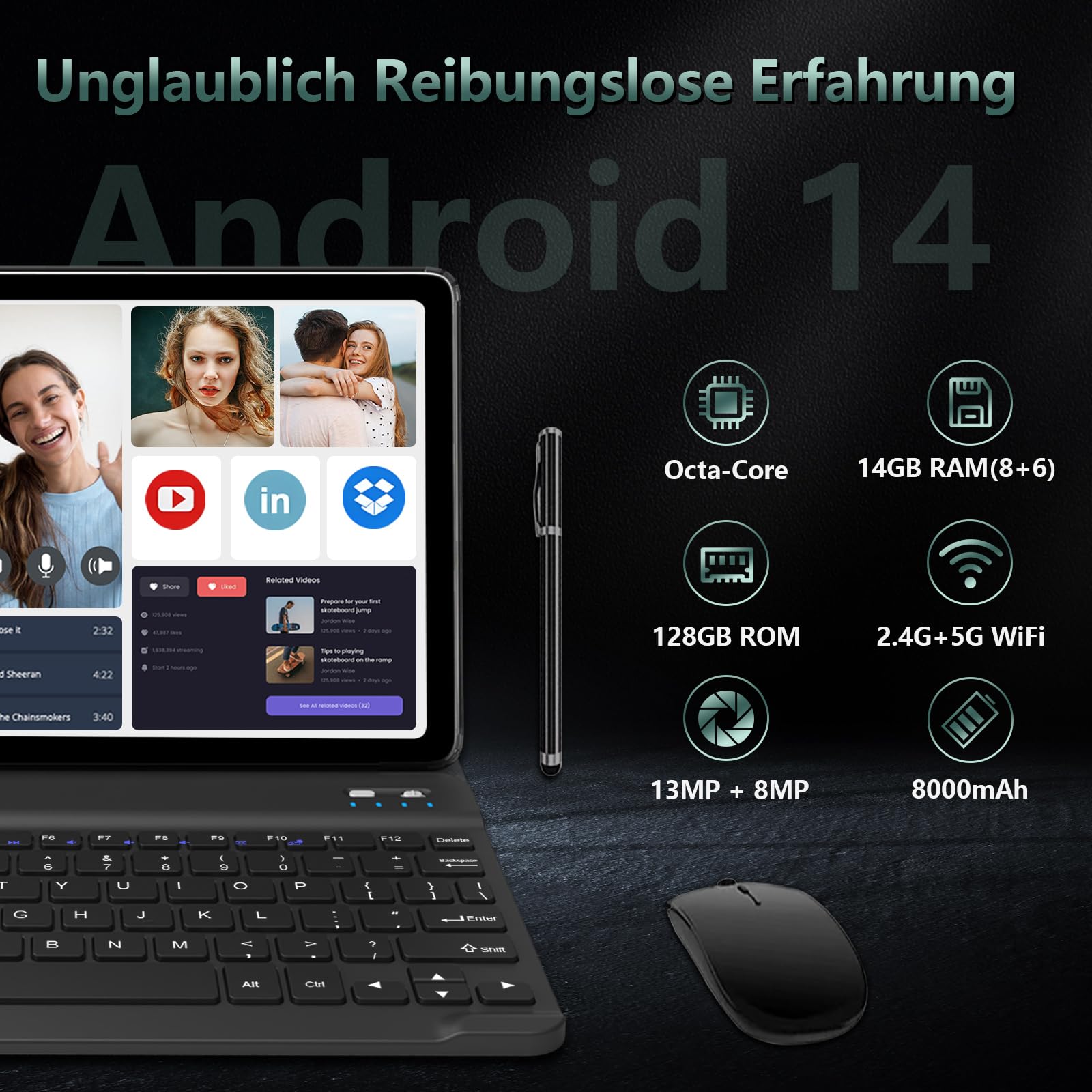 2026 Neueste Android Tablet, Android Tablet 10 Zoll mit 14GB+128GB+1TB TF, 4G LTE 5GHz WiFi Tablet PC, Octa Core, 1280x800 Incell IPS, 7000mAh,13MP+8MP, GPS, GMS, mit Tastatur Stift und Hülle, Grau