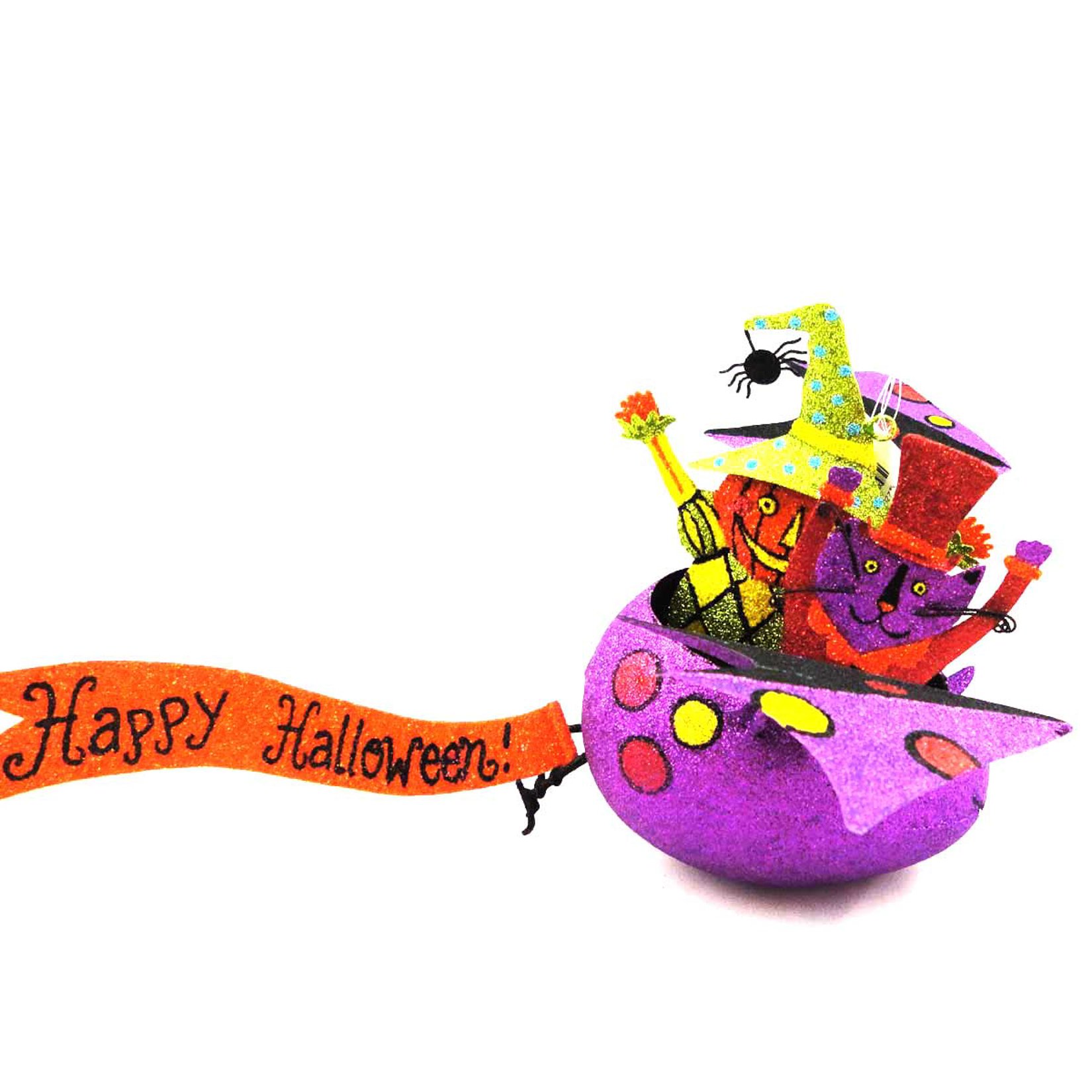 Halloween Booville Bat Ride Metal Ornament Cat Pumpkin Bat - Inches - 68427 - Orange