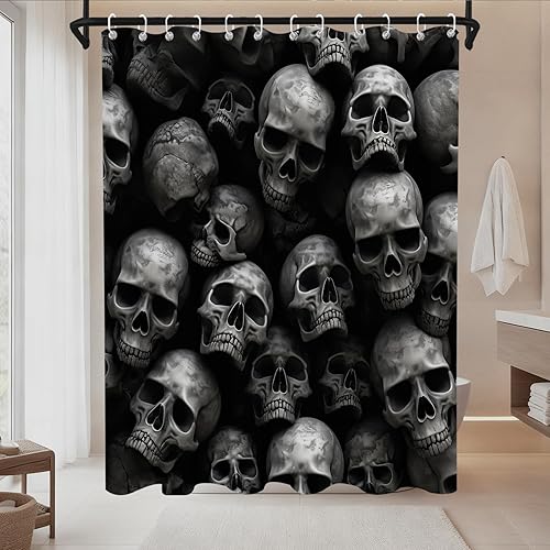 Halloween Shower Curtain The Dead Skull Gothic Dark Grey Horrifying